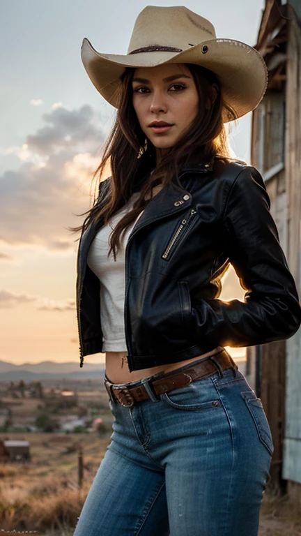 Crouching woman, torn shorts and leather jacket and sunglasses, apocalypse landscape, city with fires