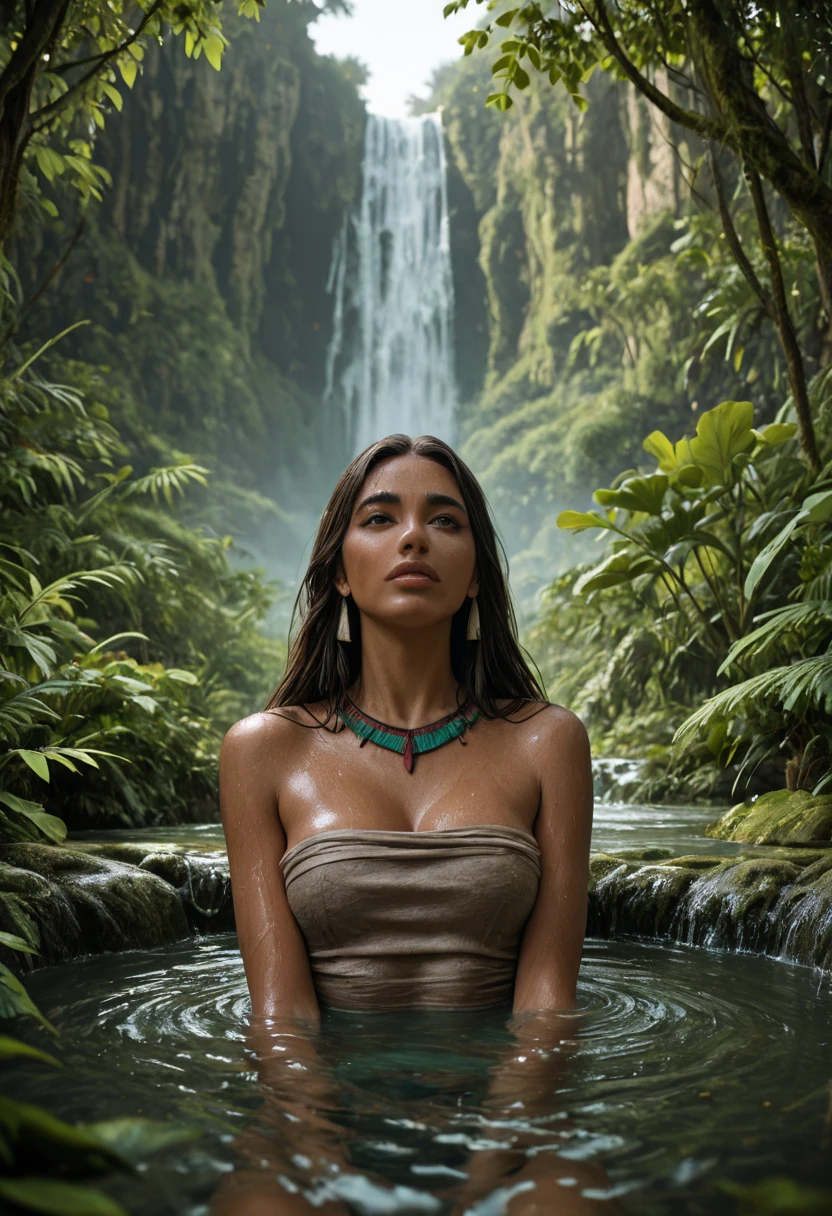 “Develop an HD Ultra Realistic 8K image of Young Attractive Asian Woman Sophie Tan in a lush rainforest setting with a stunning waterfall. She is wearing a green and gold lace  set, standing on a rock ledge with water cascading around her. The scene captures the serene and wild atmosphere of the rainforest. Use a cinematic camera with a 50mm lens to capture the intricate lace details and the natural setting (1.3). The rainforest waterfall background should be softly blurred, with bokeh effects enhancing Sophie’s enchanting presence (1.2). Post-production should enhance the natural light and add a slight mist effect to create a magical, serene look (1.4).”
