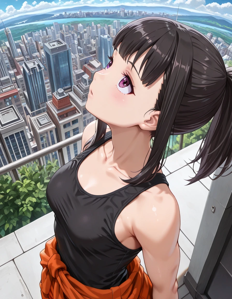 giantess、Giantess、Slender women、Mountains visible in the distance、naked、smile、Beautiful views、Black Hair、Big black eyes、Long Hair、Big nipples、Standing on a small, destroyed city、Low - Angle、Full body portrait、People running away at your feet々