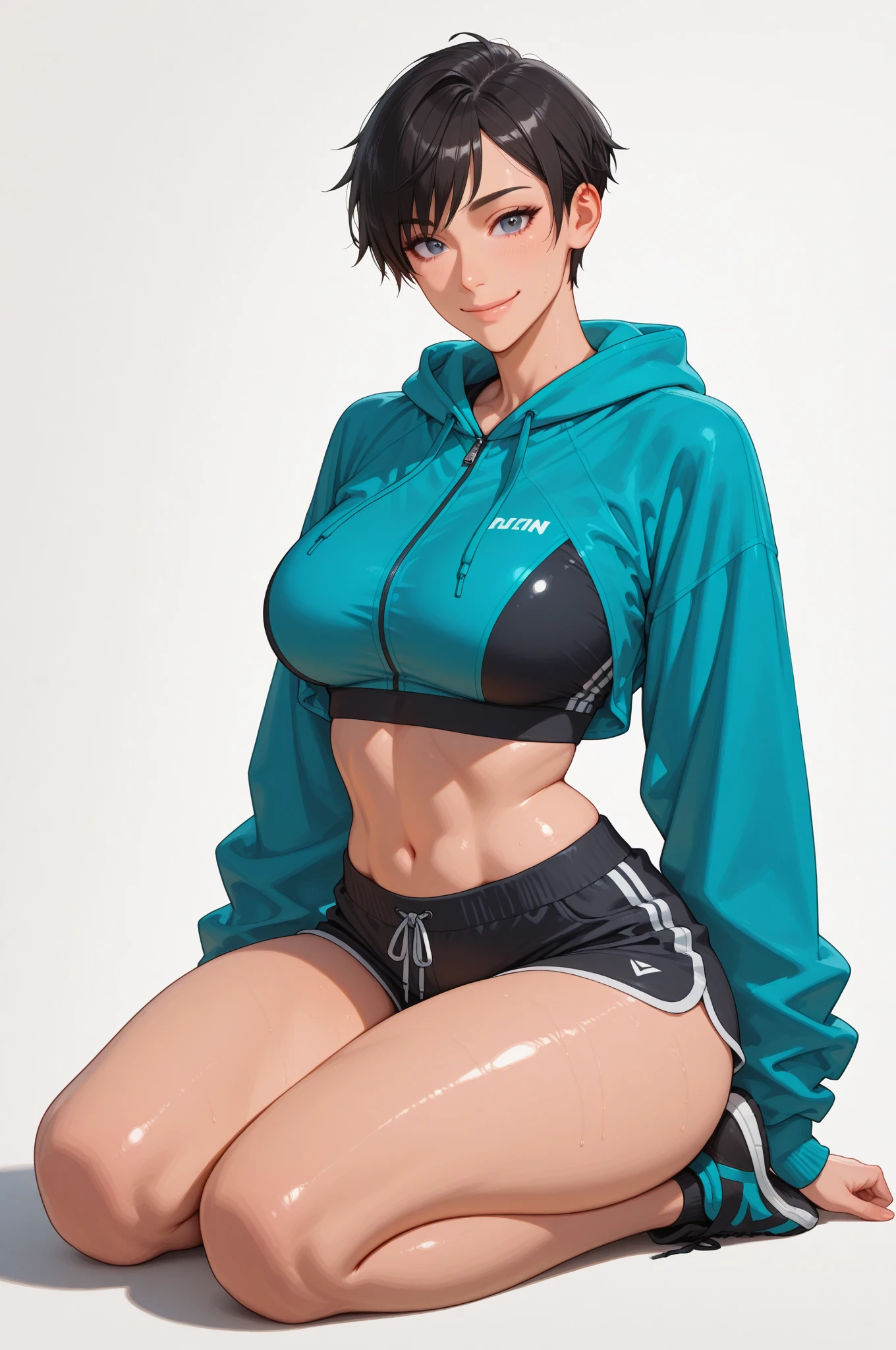 beautiful girl, 18 years old, short hair, shoulder-length ,Black Hair, blue eyes, Large Breasts, Sportswear, White,Navel, Skinny pink shorts,wet, play cell phone, Sitting fitness, wear glasses, Wear star earrings,