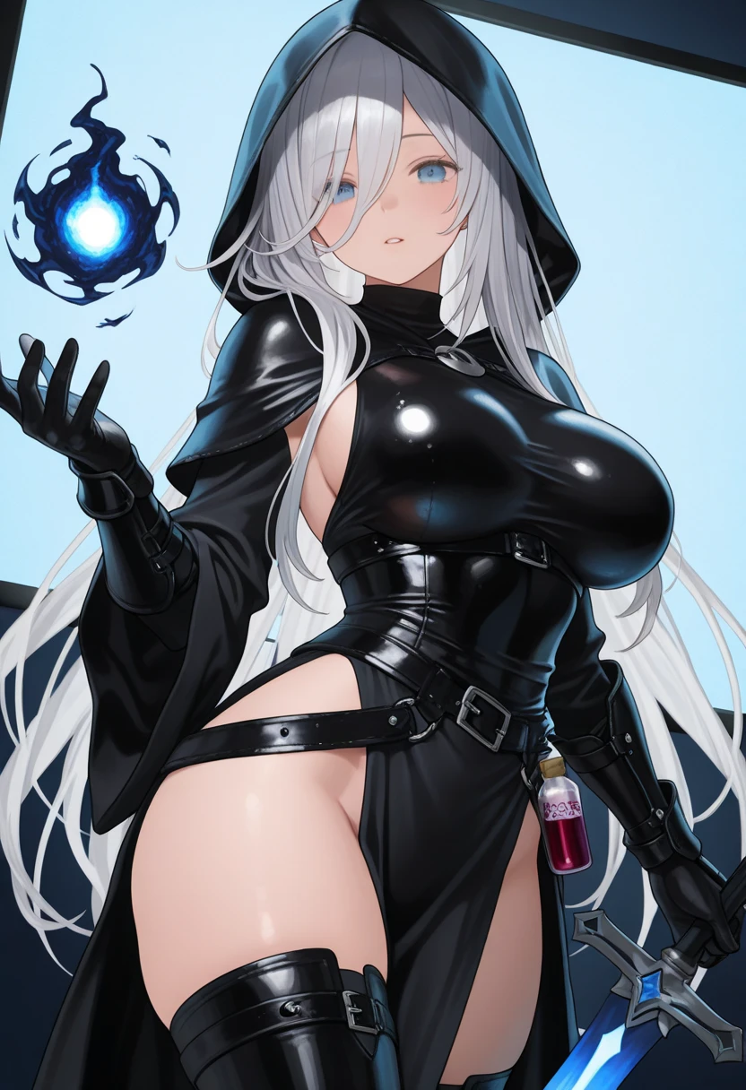 Top quality, ultra high resolution, live action, Uma girl, horse ears and horse tail, hair that completely hides the ears, restraint type steel headgear in the ears, leather eye patch on the left eye, steel gagged in the mouth, silver fluffy long hair, black eyes and red pupils, brown skin, moderately muscular and plump body, huge, restraint bikini with chains and leather belts and padlocks, sweating profusely from the whole body,