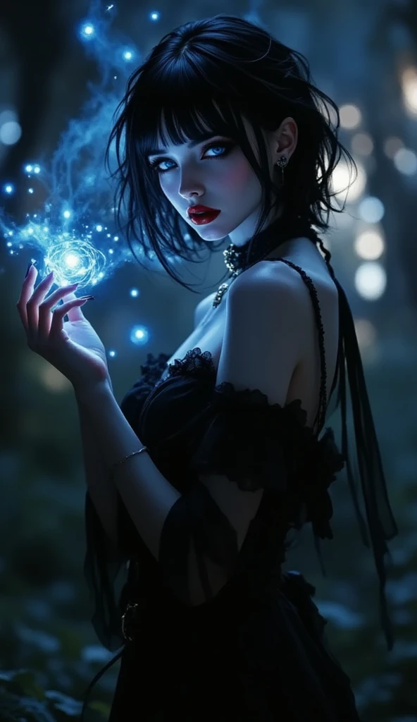 Photograph, closeup, painting of a beautiful attractive slender Chinese woman, long wavy black hair, black eyes, vintage glasses, v-neck Victorian dress, maple-colored bodice with black laces, red skirt, white gloves,  fairy wings, magic sphere of fire, background a night sky with a crescent moon and fireflies cherry trees forest