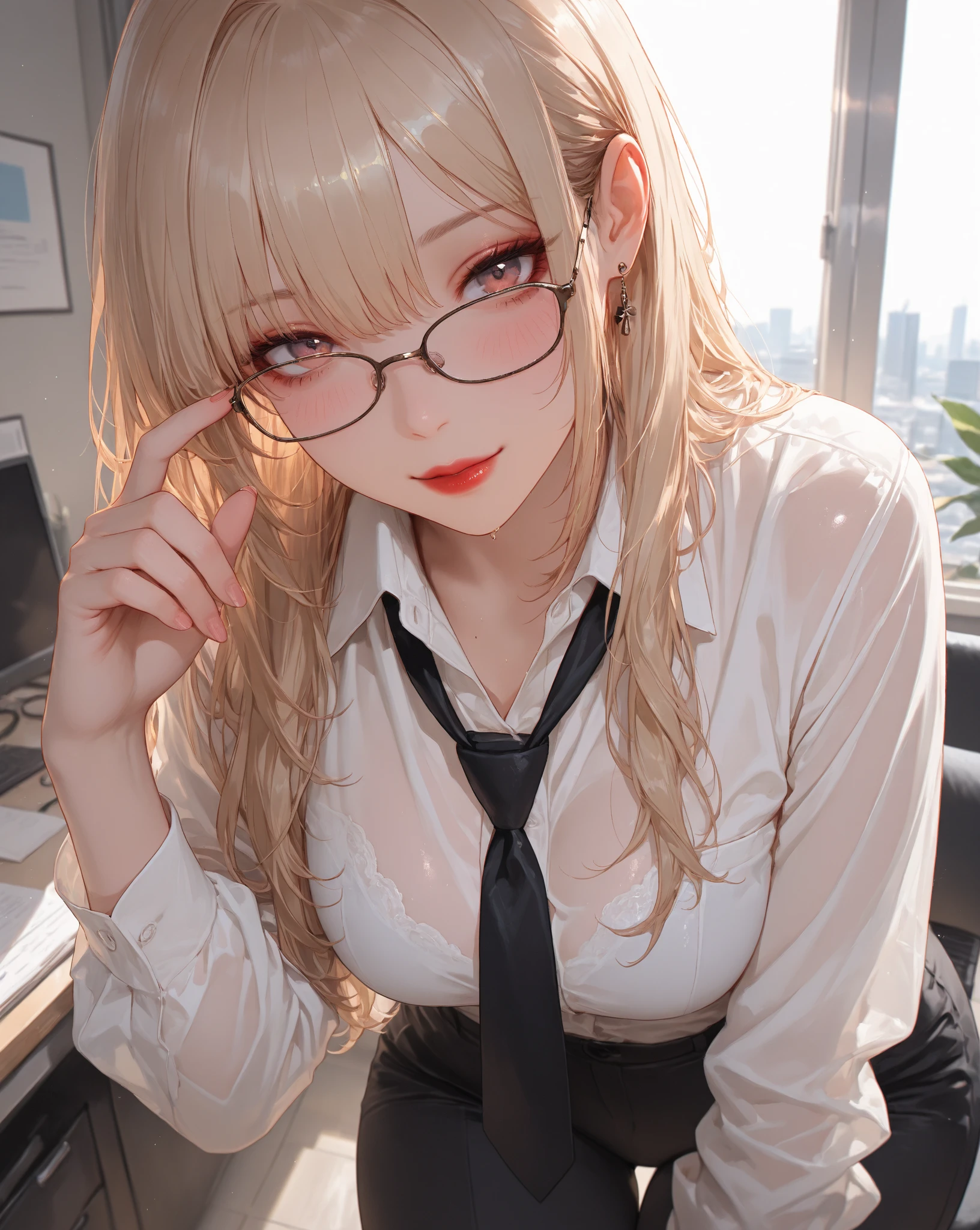 Masterpiece, 最high quality, high quality, High resolution, high quality texture, high quality shadows, High resolution, Beautiful details, Detailed CG, Detailed Texture, Realistic representation of face, Realistic, colorful, delicate, Cinematic Light, Side light, Lens flare, Ray Tracing, sharp concentrated, (1 Girl,concentrated:1.3), ( Intricate details, compensate, PureErosFaceV1:0.5), (細部まで美しいdelicateな顔, 緻密で美しいdelicateな瞳, Perfect  Proportions, Dense skin, Optimal ratio of four fingers to one thumb, Arms under chest, Modest chest, Wide Hips, Smooth upper abdomen, 30 years old, blue eyes, glasses,cabin attendant uniform,white blouse,tight fitting black skirt,black stockings, excellent secretary ,working as a secretary, wooden desk, wooden chair, house wife, the gaze of true love, lips of temptation, A look full of compassion ,a smile full of love, i love you, Acting lovey-dovey, air fortress hair, blonde hair, I love you so much I'm crazy,i love you