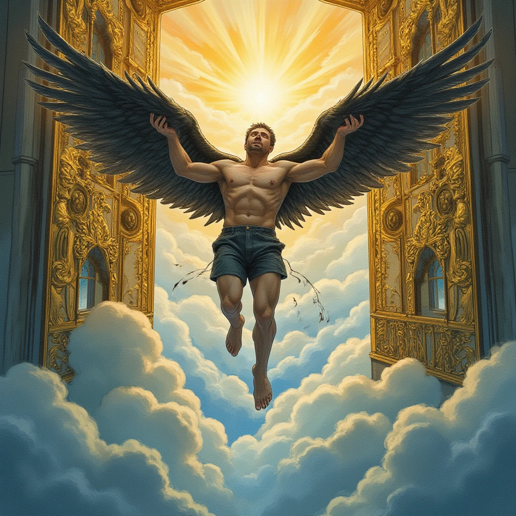 The most beautiful  angel with huge wings a crown of flowers coming out of clouds showing his feet 