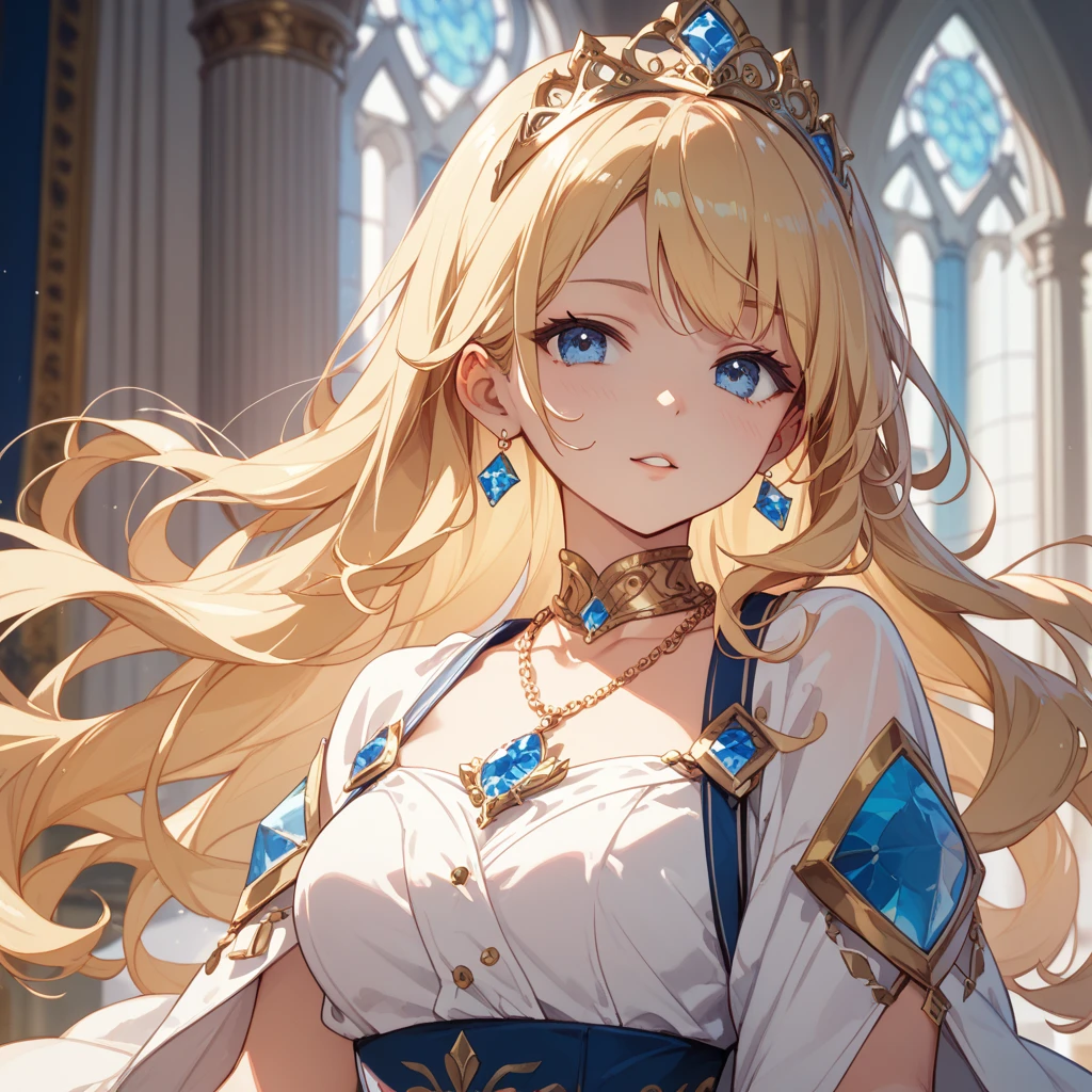 masterpiece、Highest quality、Ultra-detailed、Beautiful lighting、[[Thin fingers and hands:0.55]::0.85],(Finger details)、Blonde、White Dress、noble、palace