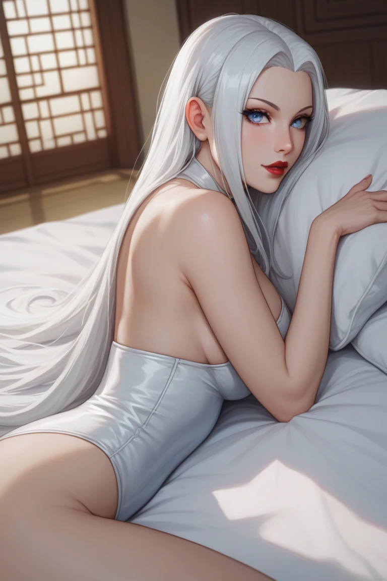 (8K, Raw photography, top-quality, ​masterpiece: 1.2), ​masterpiece, Super Detail, ultra high resolution, (Realistic and realistic photos: 1.37), high-definition RAW color photography, extremely delicate and beautiful, ighly detailed, 8K Wallpaper, astonishing, detaileds, extremely detailed eye, highlydetailed skin, extremely detailed fingers, highly detailed nose, highly detail mouth, perfect anatomia, ????, slim figure, attractive body shape, thin-waist, ((Pure white Absurdly long hair, realistic Pure white fox ears, Several Pure white big fluffy tails)), (monochromatic Pure white one-piece tight latex suit. form-fitting one-piece latex suit, monochromatic white thigh-high socks, wearing pure white high heels, ), A night with very bright full moon, Edo period townscape with no one around
