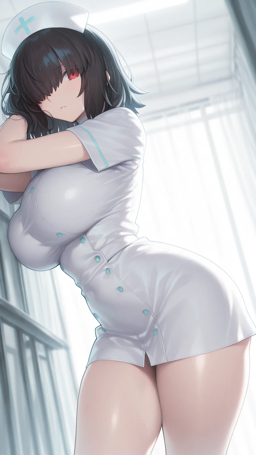 ((bloodstains)), ((respingos de bloodstains)), ((bloodstains nas roupas)), ((mancha de bloodstains)), hospital, (nurse uniform), (has an electric saw), (zombie's), absurderes, foto RAW, extremely delicate and beautiful, Masterpiece artwork, muscular woman, extremamente musculosa extremely large physique, extremely muscular legs, extremely muscular arms, extremely large physique, very muscular,best qualityer, ultra-high resolution, 32k, hyper realist, ultra-detailed, Detailed Description, skin fair, 20 year, crying mole, 耳环, Colossal, short medium hair, wavyhair, evil smile, full body shot,