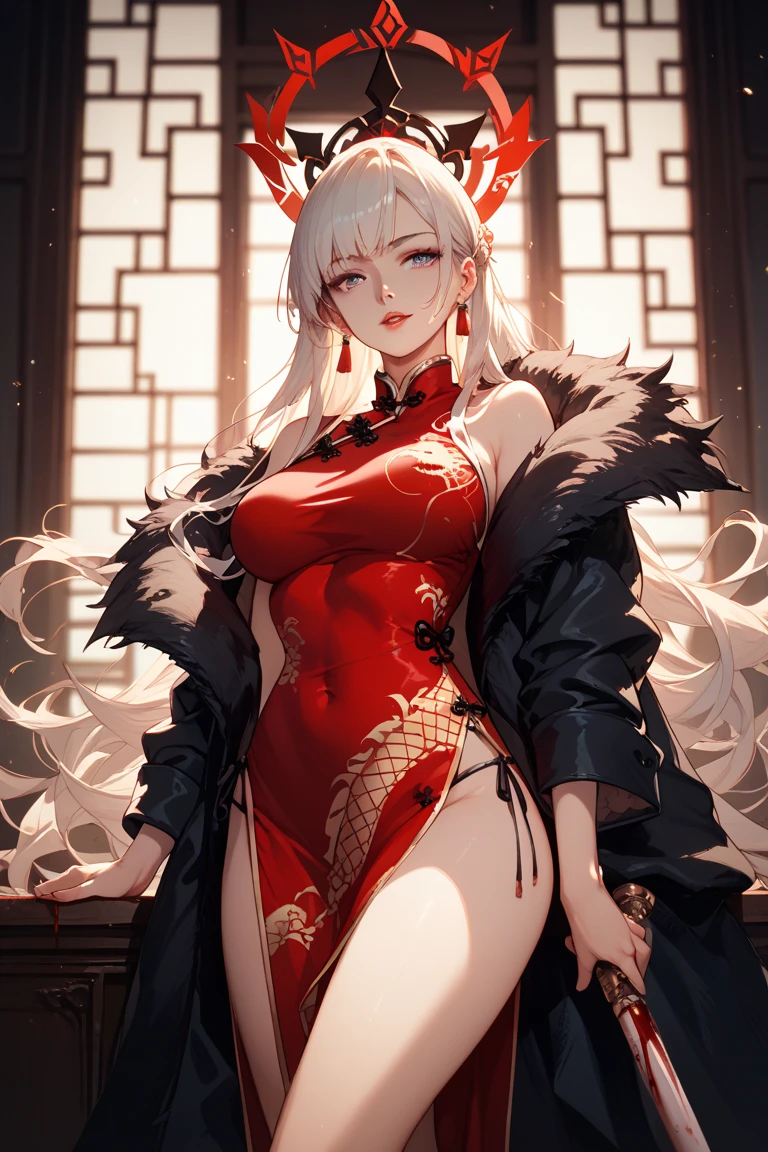 Very beautiful woman with dark skin, dark complexion, good bust, wide hips, slim body, long legs, long, loose white hair, red eyes, pointed ears and dressed in a sensual Chinese suit in red, black and gold colors with jewelry.