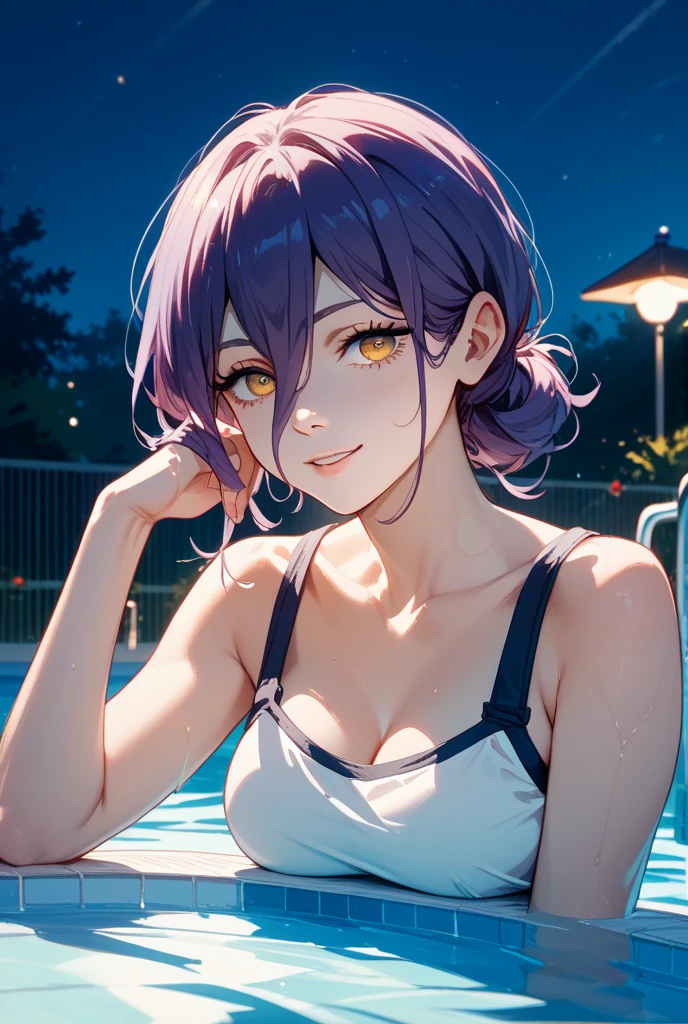 (Highest quality)、(Highest quality)、cut、Chainsaw Man、cute、(choker).eyes are emerald、Her hair is purple、Short Bob、Beautiful night view、whole body、detailed、強力なdetailed、cut、((Swimwear)).((Pool at night)).
