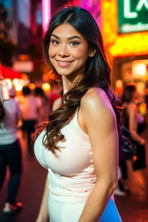 rashmika, 8k, highest quality, ultra details young, realistic, modern days, formal attire, studio lighting, professional setting, looking at camera, (patialwar:1.2), wearing high heels, wearing stockings, small wavy hair with  smile, showing armpits, high Detail RAW color Photo, Full Shot, front angle, of ( wearing nothing underneath, no , ), red lipstick, white skin, in front of night club, perfect face,  look, (detailed skin, diffused skin pores)