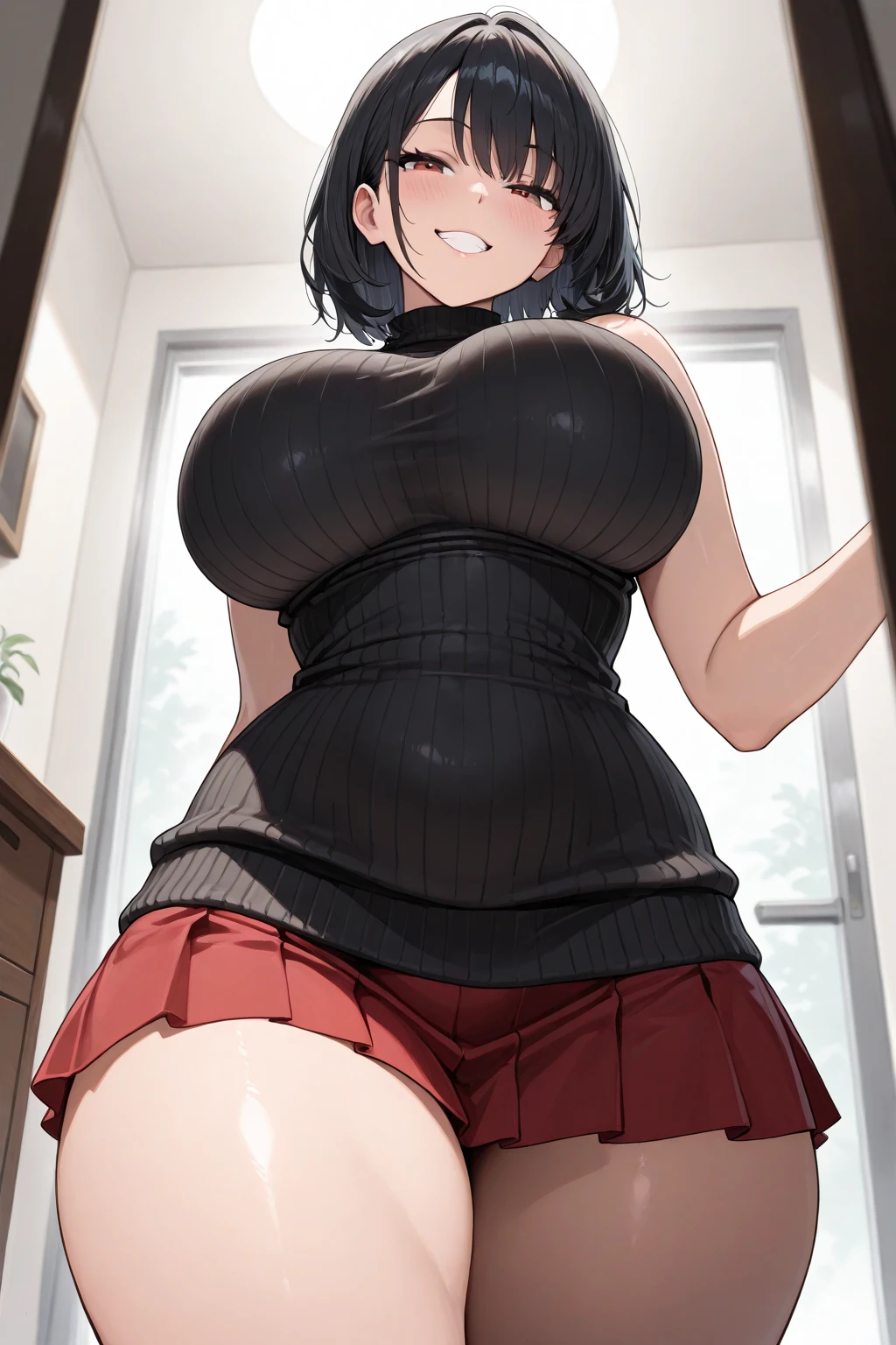 ((Masterpiece)), perfect ???????, perfect shading, field of depth, (best quality), extremely delicate and beautiful, perfect lighting, detailed face, ultra cute face, cute, (cowboy shot 1.2), full body, looking at viewer, (((1girl))), (((solo))), goth girl

Short hair, black hair, (hair over one eye), pale skin, green eyes, eye liner, ear piercing, choker, necklace, ((blush)), shy, nervous, spoken heart, (black tank top 1.5), (plaid short sectioned skirt 1.5), thigh highs, ??????????????, cleavage, ((wide ????)), (((thick thighs))), (chubby), chubby belly, 

 fast food restaurant, intricate background, detailed background, arms behind back,