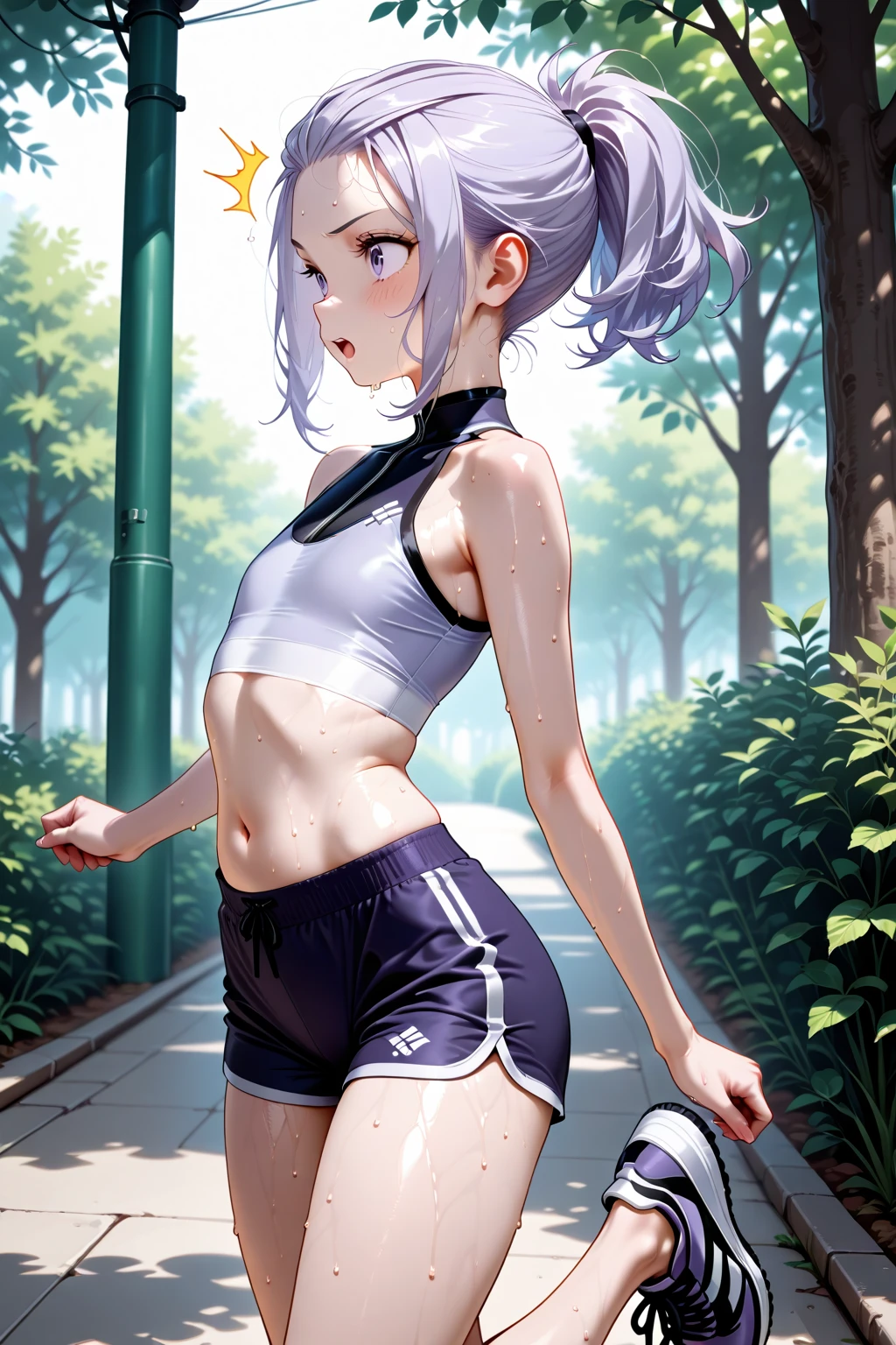 Realistic, 女の子1人, poneyTail, cparted lips, red blush, makeup, Light smile, white  hair, sports wear, skirt by the, Wet clothes, brilliance, thighs thighs thighs thighs, Purple eyes,  shoulders​, 鎖骨, narrow waists, sun beam, sunlight, rose, the wind, amputated、（​masterpiece）、perspiring