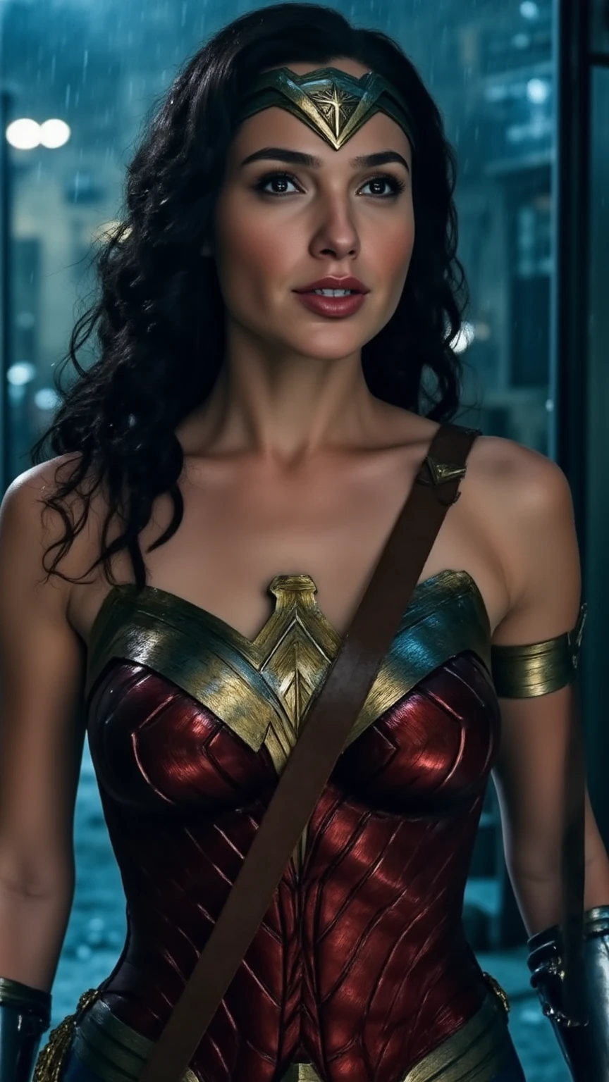 Masterpiece, Best quality, (Solo), (1girl), (epiCRealLife), (large breast), (cleave), (European model),, (g4lg4d0t-v2 Gal Gadot). (lynda-carter-ww-costume), (black hair), (blue eyes), (earring), (demure), (),, (tiara), ((armored bands), (red lipstick), , (spotlight), (daytime), (daytlight), (natural light), (bright), (on New York Street), (photoshoot),