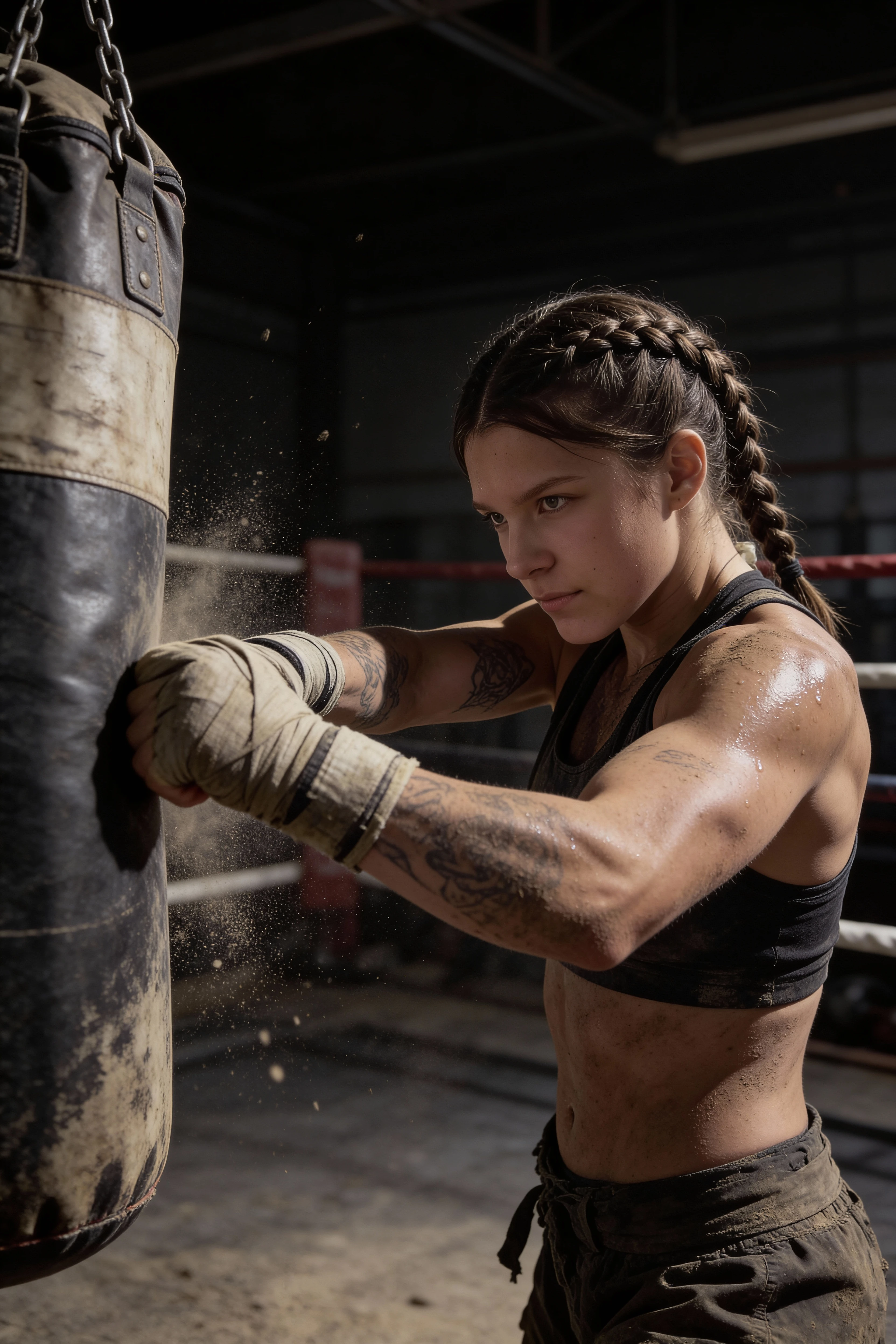 A gritty cinematic portrait of a fierce female fighter training in a ...