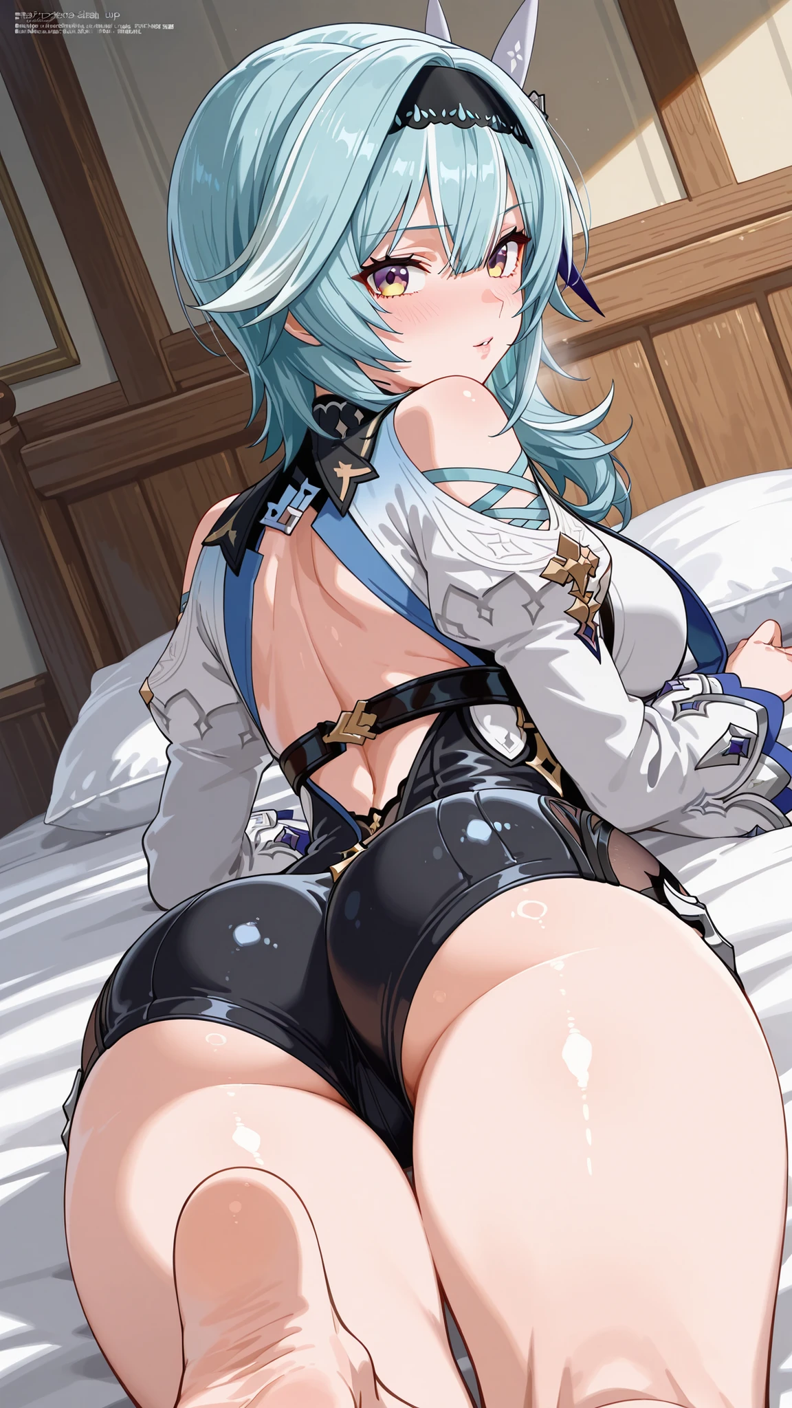 1girl, aegir \(azur lane\), azur lane \\\\\ masterpiece, best quality, very aesthetic, absurdres, newest \\\\\\ sportive body,  \\\\\\ by nyantcha,,by cutesexyrobutts,by khyle ///// white hair with a single prominent red streak, black horns, yellow eyes,  , white background, white (nurse outfit:1.2), skirt, , white pencil skirt, nurse cap, hands behind back, I'm a patient, I'm lying on a bed, she's on top of me, pov
