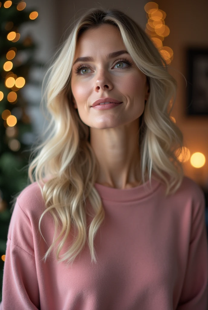 photo of a skinny very old wrinkly-faced faced mature blonde messy long hair thrown into a messy bun ponytail. She wears: (turtleneck soft high ribbed bright red super tight sweater:1.1), pose, high tight ribbed neck, smile, perfect fake , eager granny, teasing old lady, on her face, drenched in facial