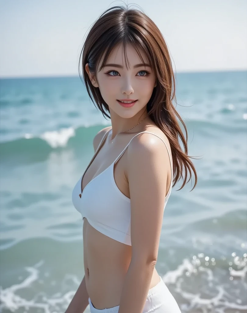 1womanl, (up of face:1.5), light brown hair, Blunt bangs, hair behind ear, hair over shoulder, Long hair, Ultra Fine Face, Thin face, eyes like delicate lips:1.5), thin blush, eyes are light brown,View here, Ultra-thin hands, Ultra-fine fingers, best ratio four finger and one thumb,White swimsuit、micro ?????? tie ?????? nandi beach background,One-person viewpoint,  8K, masutepiece, nffsw, Super Detail, High quality, Best Quality, hight resolution,