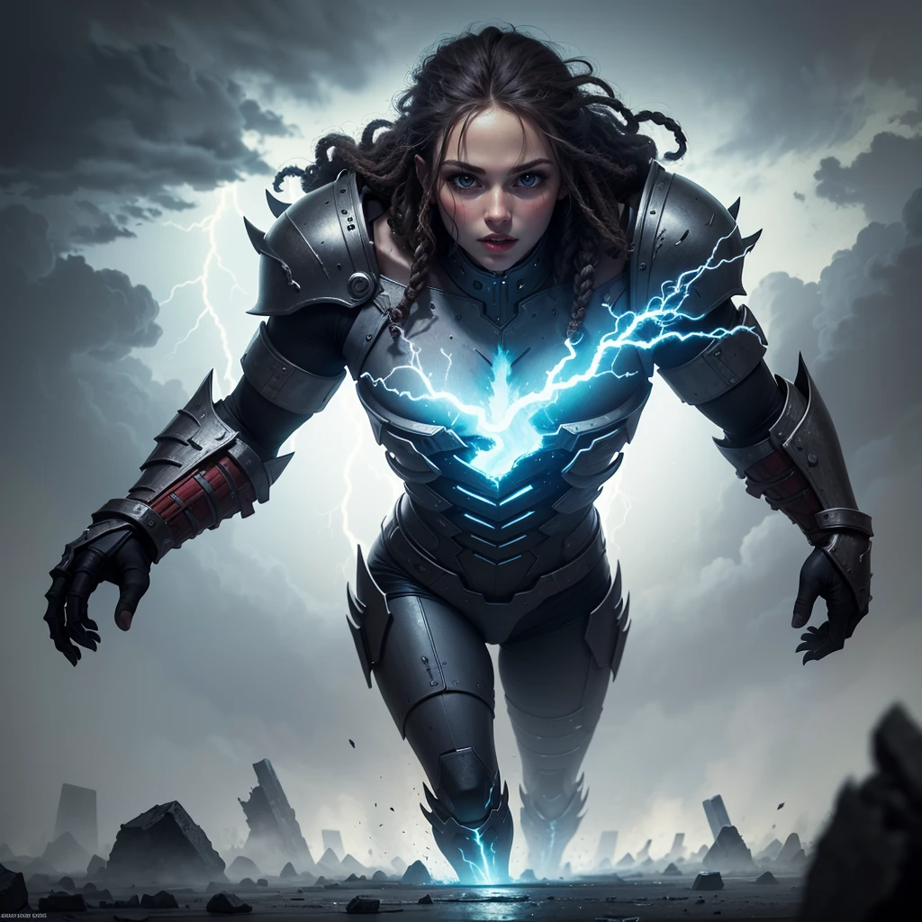 The panel depicts Galaxia, Defender of the Cosmos, locked in furious battle against a gargantuan, tentacled alien monstrosity on the surface of a desolate moon.
In the foreground, Galaxia strikes a powerful contrapposto pose, her lithe form sheathed in little more than iridescent, strategically-placed stardust. Her gravity-defying scarlet locks whip wildly, framing her beautiful yet fiercely determined features. Galaxia's eyes, narrowed to slits, burn with the intensity of stellar furnaces. Her full lips are curled in a primal snarl as she unleashes a blinding torrent of cosmic energies towards the abomination.
The heroine's statuesque, muscular physique seems to glow from within with the radiant power of a supernova. Beams of incandescent stardust stream from Galaxia's clenched fists and outstretched hands, lancing into the grotesque alien horror. Veins of stellar fire course across her  skin, exaggerating every curve and chiseled muscle.
Behind the cosmic champion, the gargantuan alien beast rears up, its myriad pulsating tentacles thrashing and slavering jaws unhinged in a soundless roar of fury. The monster's putrid, gelatinous flesh seems to slough off in radioactive sheets from the onslaught of Galaxia's stellar might. One of its deformed, clawed appendages disintegrates into cosmic ashes.
The blasted lunar landscape surrounds the titanic battle in shades of grey and black. Galaxia's incandescent energies are the only light source, casting deep shadows and highlights across the scene. In the background, the twisted wreckage of alien craft smolders amidst craters and debris fields. An ominous alien moon looms in the inky cosmic backdrop, almost eclipsed by the stellar fury unleashed.