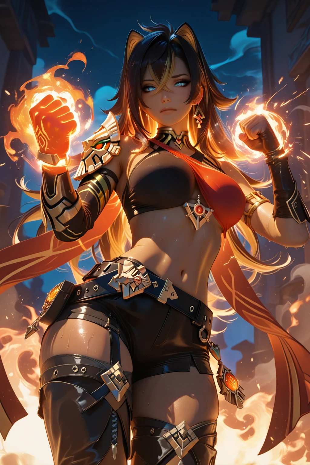 Fantasyart、(top-quality、​masterpiece:1.2)、ultra-detailliert、(photoRealstic:1.1)、(sharp focus)、(A female spirit of melted flame that burns bright red:1.5)、(full body Esbian:1.4)、Detailed Molten Fire Elemental、(Red and Yellow Blue Flame:1.5)、Being in a fantasy world。Fructal art of flame、kindly smile、beautiful face、A detailed face、perfectly proportions、big breasts、busty, curvy hips、navel、buttock、Crotch gap、thighs thighs thighs thighs、(Dynamic Poses:1.5)、Steampunk style、Detail Master 2、steampunc、Movie girl、Girl melts、