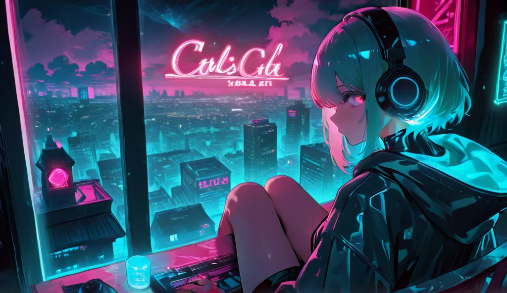(masterpiece), Highest quality, Expressive eyes, Neon pastel aesthetics, Retro 90s, Neon color,((Girl sitting on sofa,In a cozy room,Records hanging on her wall, Comic books on the floor, Looking out the window behind her at the night city, Upholstered room, Anime figures lined up on a shelf)), Wearing headphones, (All around her it sparkles), (wearing thick colorful sneakers), (blue eyes), (Soft look), (Synthwave Art Style), Colorful Hair, Desk with PC set up