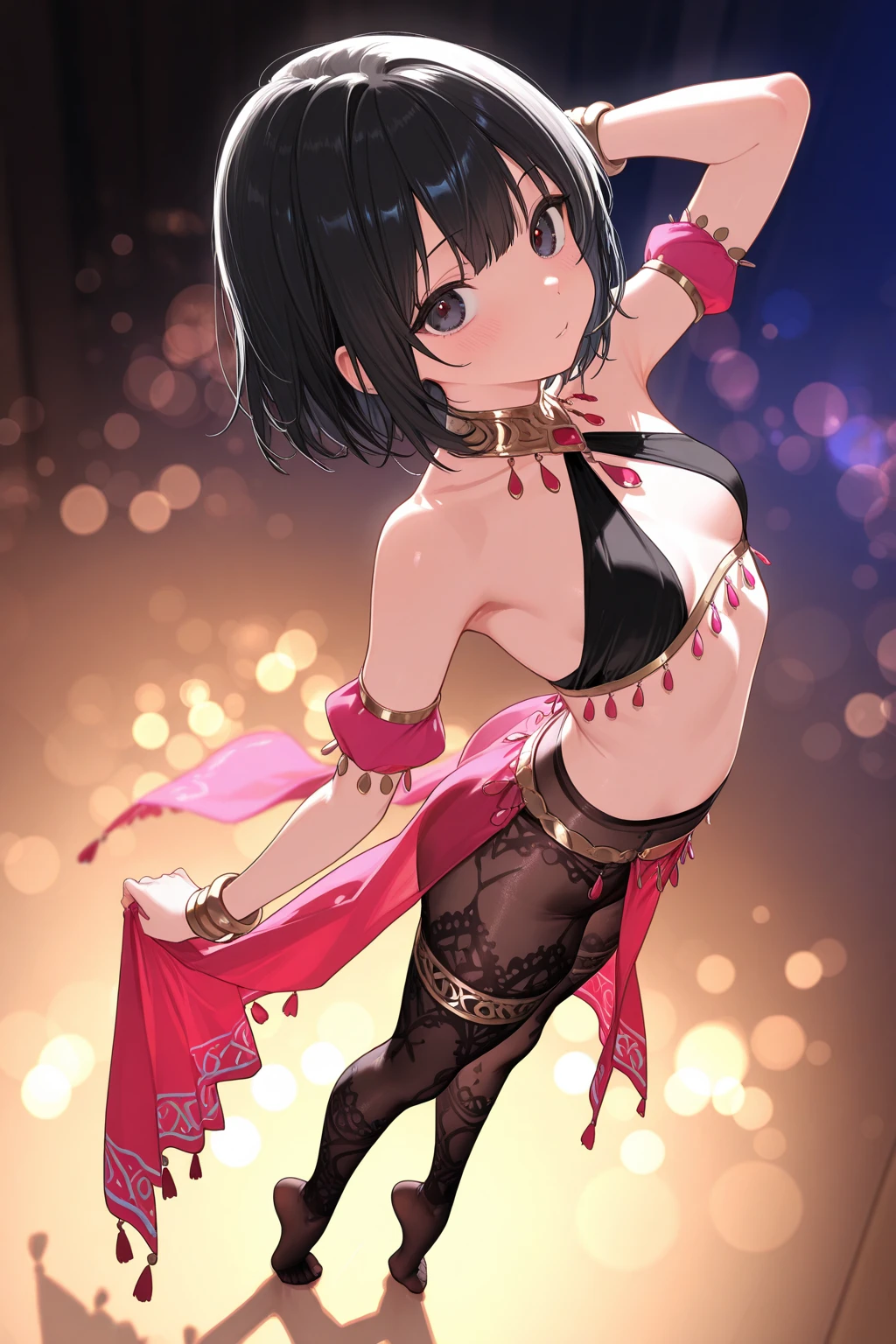 #Basics A girl is posing for a photo, animeのかわいい女の子, (((One Girl, Baby Face, Young girl, 16 years old))), 
BREAK 

#Clothing Accessories 
(((Purple on black)Tribal style with gold decorations(Sheer,  harem pants)Dance Costumes:1.6) + Sheer black elbow gloves with plenty of gold embellishment + black long veil + Black high heels with gold embellishments + Gold Tiara), ((Gold Fancy Bracelets, Gold Hoop Earrings, Fancy Gold Necklace)), ((Black collar)), 
BREAK 

#Features 
((Black Hair:1.4), (Blunt bob cut:1.4)), 
(Droopy eyes,blue eyes), (Small breasts),  
BREAK 

#background environment 
((A dance stage illuminated by spotlights:1.4)), 
# Expression Pose
((Wicked Smile), (She is dancing a dynamic and  dance.)), 
#composition 
((Face the camera, Angle from the front, whole body:1.4)), 
BREAK 

#Body parts elements 
(Detailed hair, Beautiful Hair, Shiny Hair), 
(double eyelid, Long eyelashes), 
(Expression of fine eyes, Beautiful and delicate eyes, Sparkling eyes, Eye Reflexes, Glitter Eyeliner), 
(Human Ear), 
(Beautiful Nose, Thin Nose), 
(Glossy lips, Beautiful Lips, Thick lips, Glossy Lips, Natural Cheeks), 
(Detailed face, Symmetrical  features), 
(Detailed skin, Textured skin, Beautiful Skin, Shiny skin), 
BREAK 

#Quality 
(((Highest quality)), ((masterpiece)), ((Very detailed))), ((High resolution), (16K,1080P)), 
(Realistic), (Anatomically correct), 
((comics, anime)), (3DCG), CG illustration,
