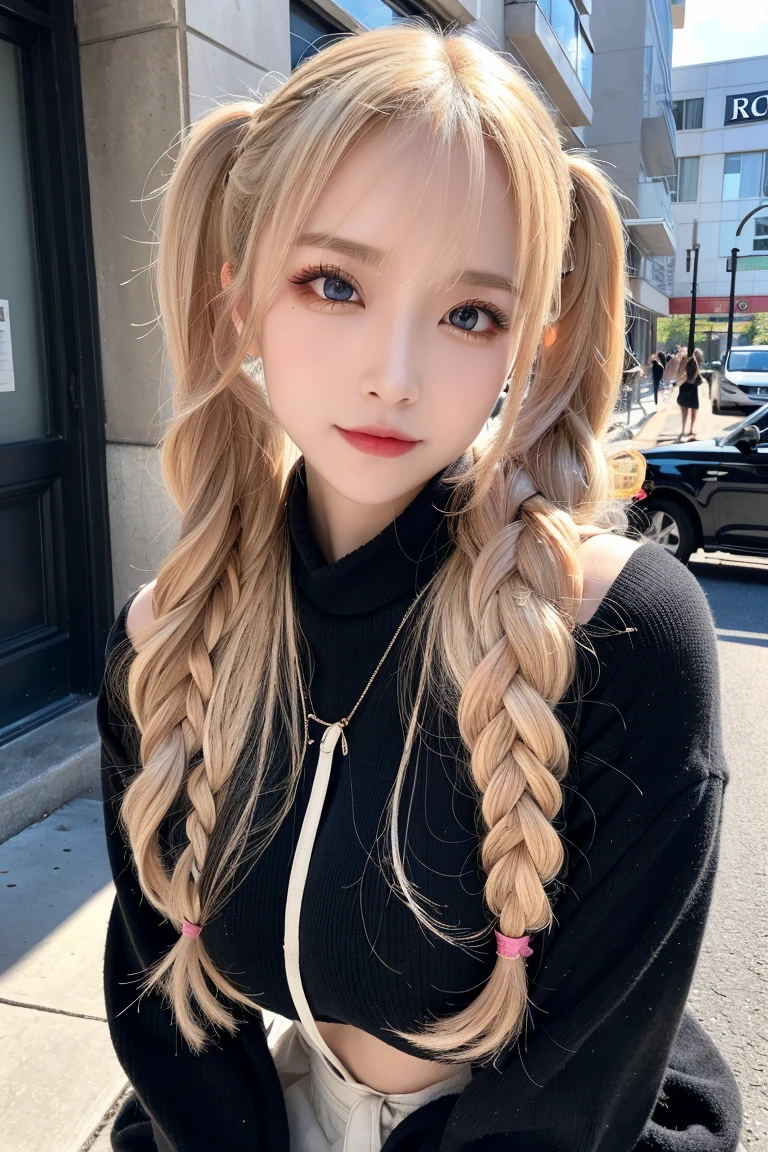 Sunburn marks on tanned skin、blush、Blonde twin tail hair,A cute 17-year-old girl with a cute look, A strong wind blows my hair in front of my face、Beautiful big sparkling eyes, Cute eyes hidden by long bangs、Yawn、No visible nasolabial folds、A short, light-colored 、A summer shirt with cute colorful patterns、Korean Beauty、Cheeks