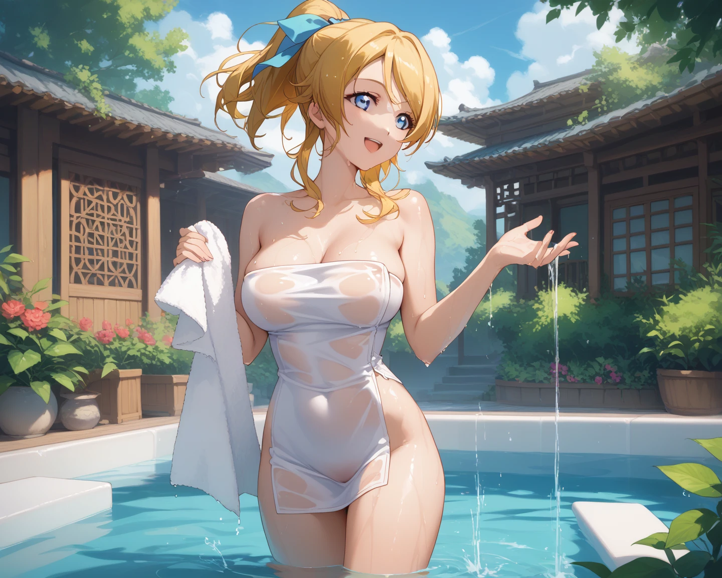 focus on butt、perfect 、ヨーロッパのyoung woman、beautiful blonde hair、small breasts、Realistic human body、attractive ass、young woman、very realistic face、Sorry expression、ultimate beauty、slender body、white skin、(((White tank top and red T-back)))、outdoor、highest quality、best image quality、masterpiece:1.3、portrait、８K、perfect lighting、professional photographer、