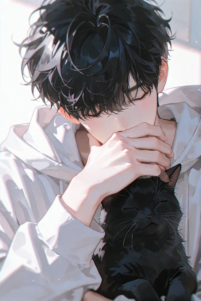 Beautiful young man, black hair, short hair, pink sweater, black cat with pink ribbon, just before kissing, cute and stylish room,high quality, amount of drawing, pixiv illustration, Japanese anime, Clear line drawing,  watercolor, clear shading