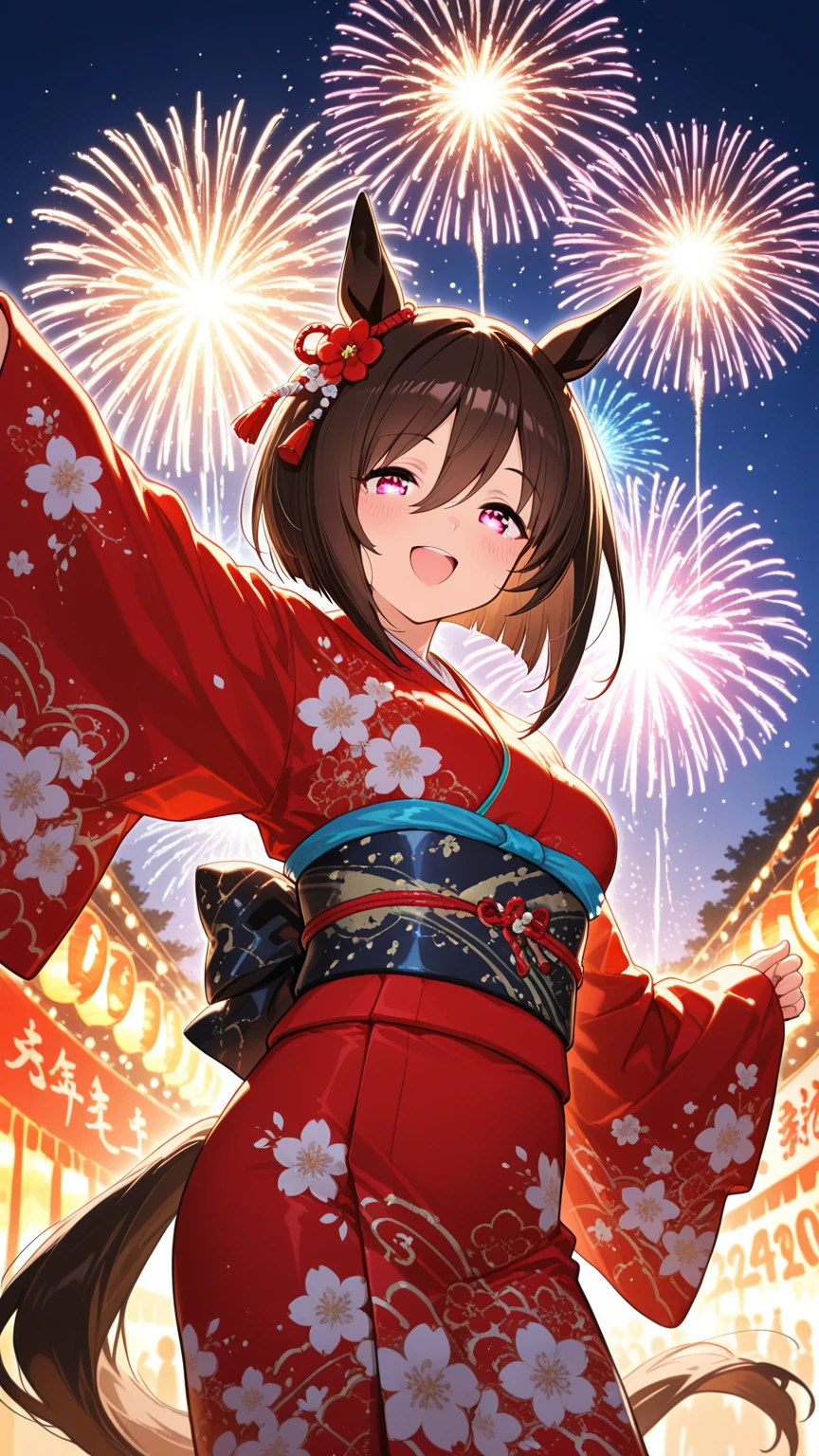 1 person、Green gorgeous kimono、,race,Black Hair、Short bun hair、hair ornaments、necklace、back、Golden devil horns、Anatomically correct,Fireworks in the night sky、