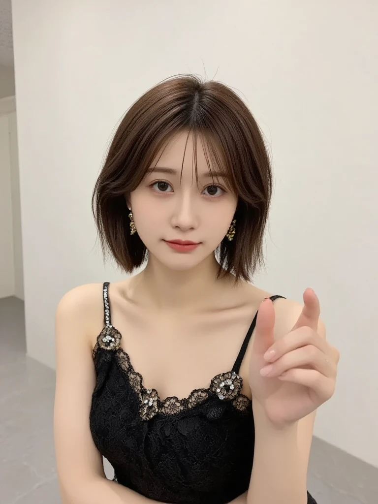 One person、16 years old、Full body photo、Short Hair、slender、woman、White drool coming out of the mouth、smile、Very short hairstyle、 Fair skin, messy hair, super cute、Soft and Face、8K resolution、Surreal、Ultra high definition、 A-cup small breasts（（Highest resolution、8K、masterpiece：1.3））、Ultra-fine face、Ultra Fine Lips、Beautiful Eyes、double eyelid,Light blue wall、Black open-front polo shirt、Red 、Thighs、thin,Thighsが見える、Shapely small breasts、