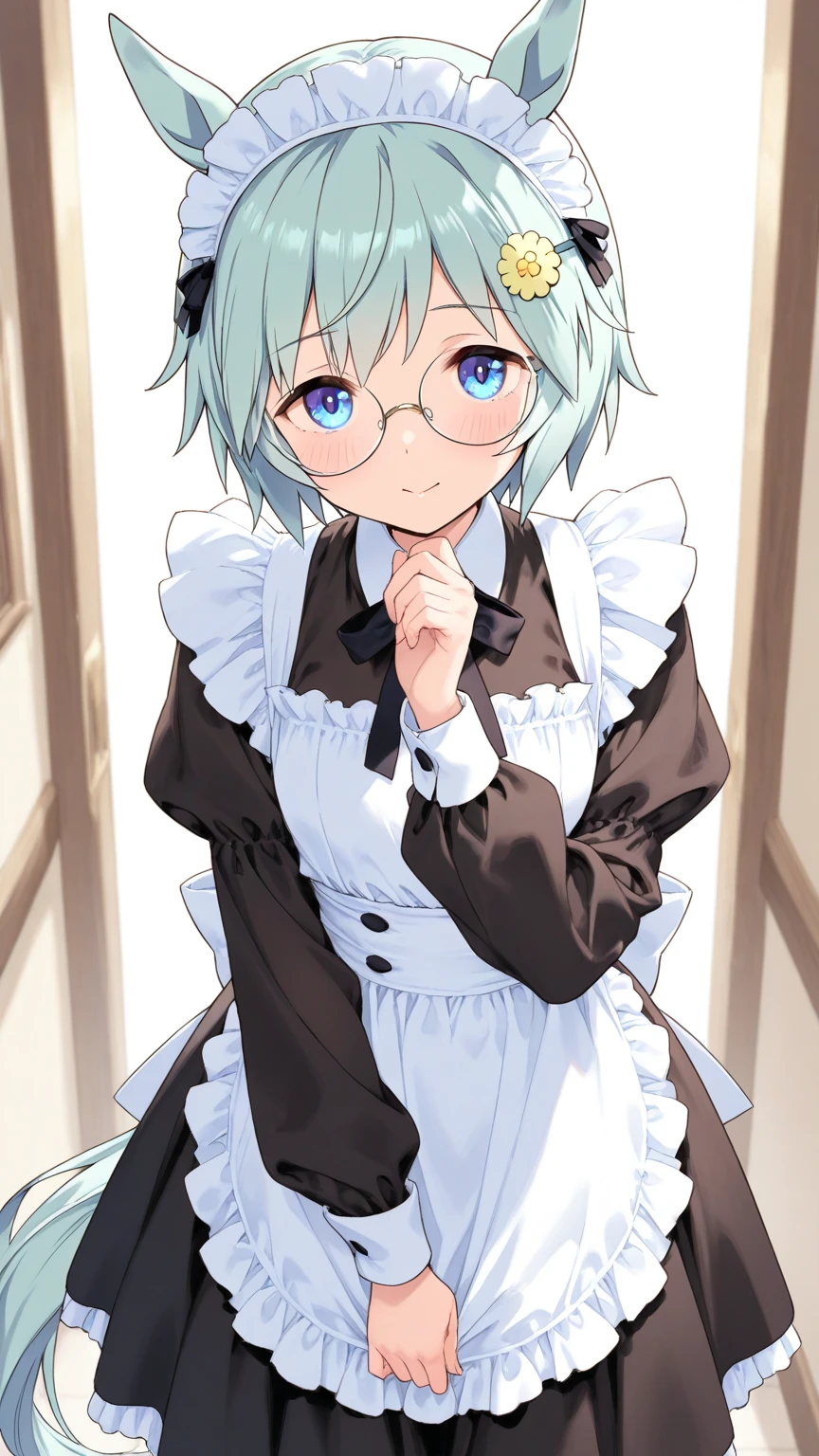 Gray and dark blue hair，With braids，Comes with a pair of thick-rimmed glasses，wearing white clothes，JK  black cloth dress，Shor a cute little ，Face shot