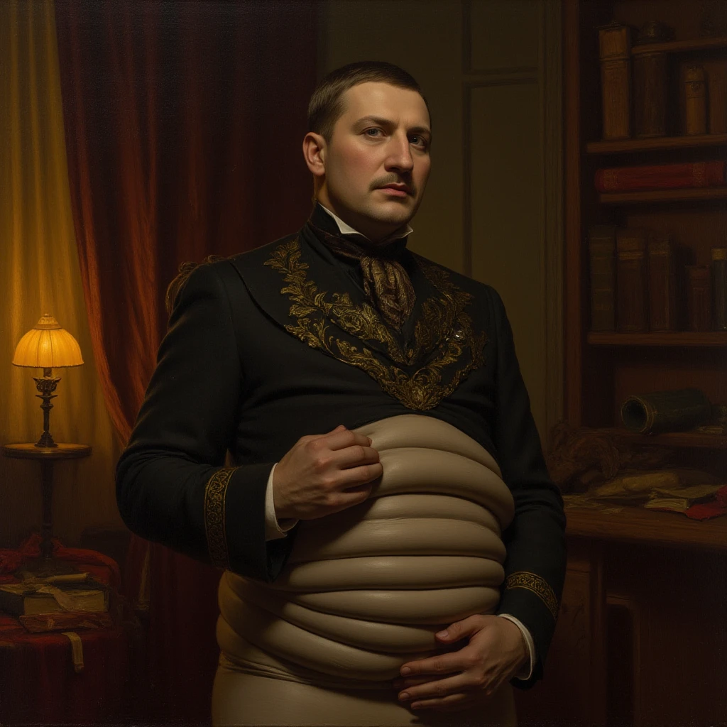 1830s a man with a big is sitting on a chair, he has a sad expression, and a surprised woman is watching him, he is sitting in a decorative room of the castle, it is evening