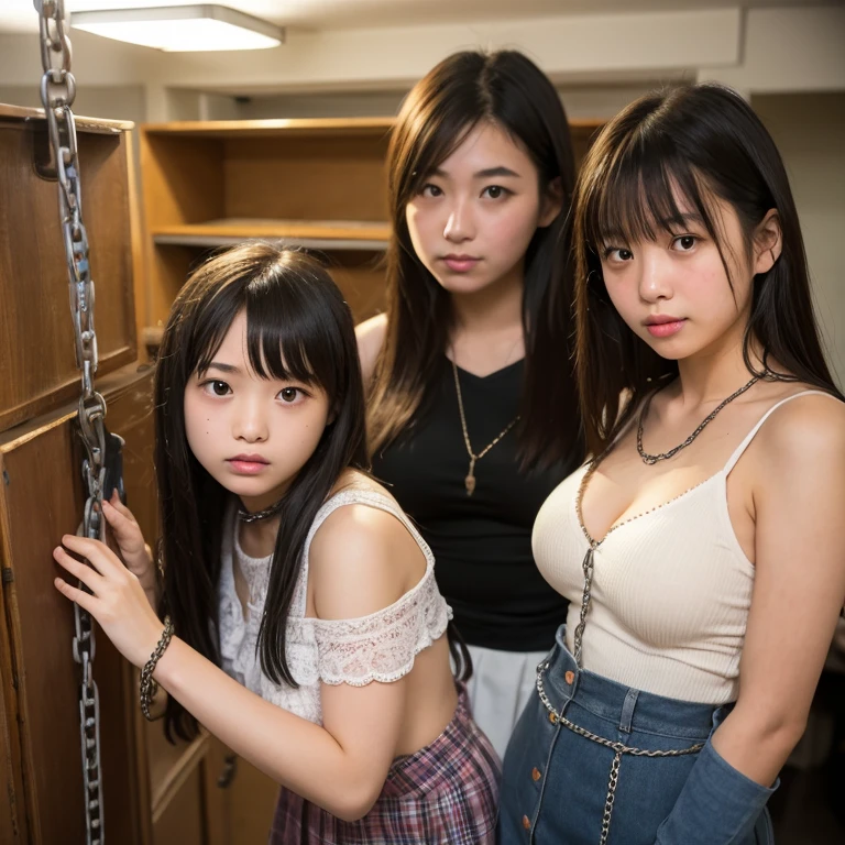 many girls, group shot, lineup, harem, 6+ girls ((masterpiece)),((high resolution)),((best quality)),detail,(, crying),((Bound hands, handcuffs, wrists tied, arms up, housewife, teary eyes, brown hair, collar, )), (large breast:1,9), (solid upper breasts), ( evening dress:1,9), (:1,9) front tie , torn clothing , big boobs,,bust,handcuffs,collar,chains,shame,fear,,POV,movie lighting,shadow perfect,(((prison))),shaded realistic lighting -