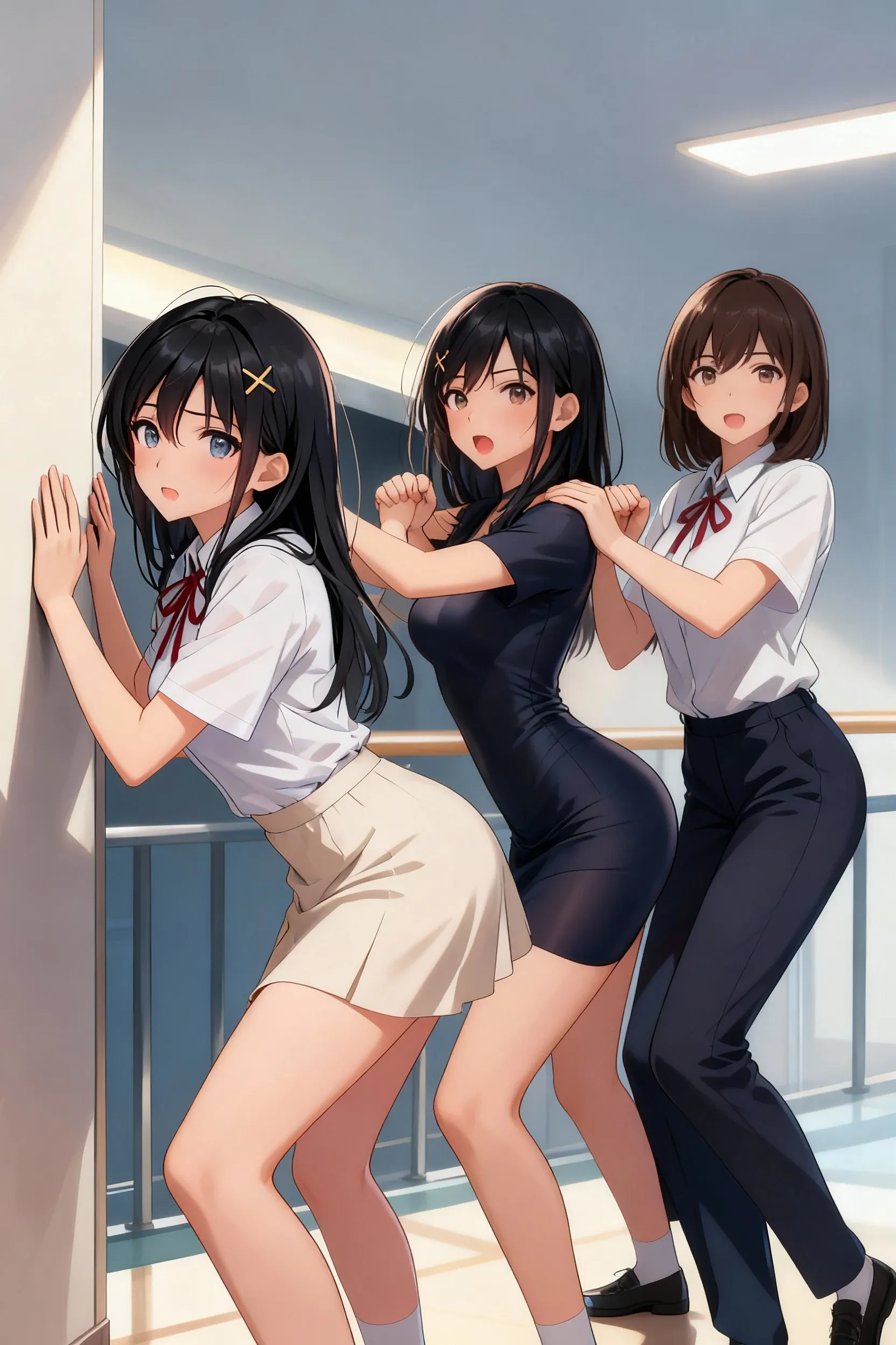 , 3 girls, (Loli, goth, black dress, miniskirt, black panties), (redhead, pink dress), (brown hair, coral dress), stairs, low angle, ???????????, looking back