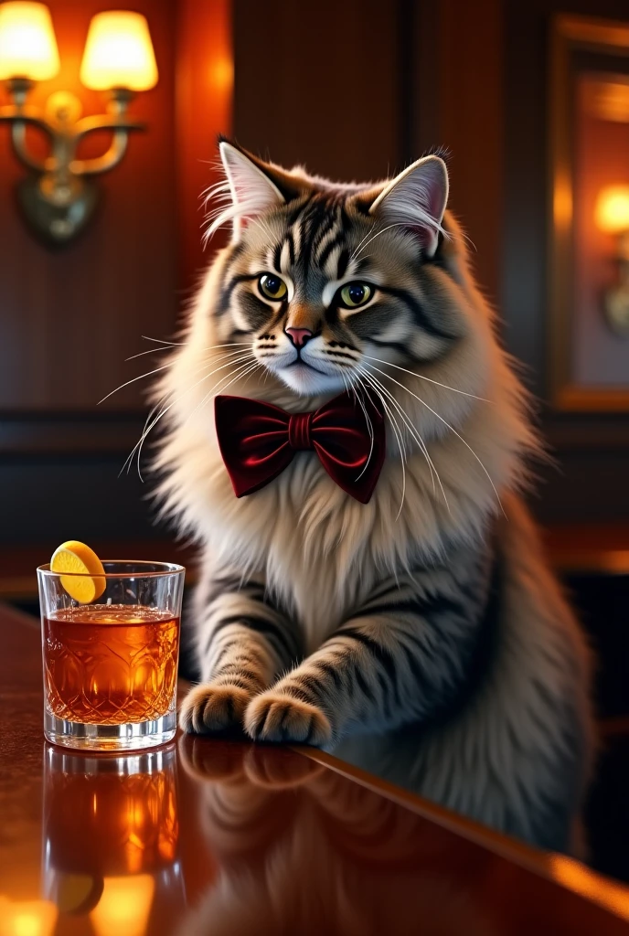 modelshoot style, 8k, portrait of a cute maine coon cat sitting on a wooden table in a medieval tavern, detailed fur, trending on ArtStation, trending on CGSociety, Intricate, High Detail, Sharp focus, dramatic lighting, digital painting, digital art, by artgerm, by Liang Xing, by WLOP