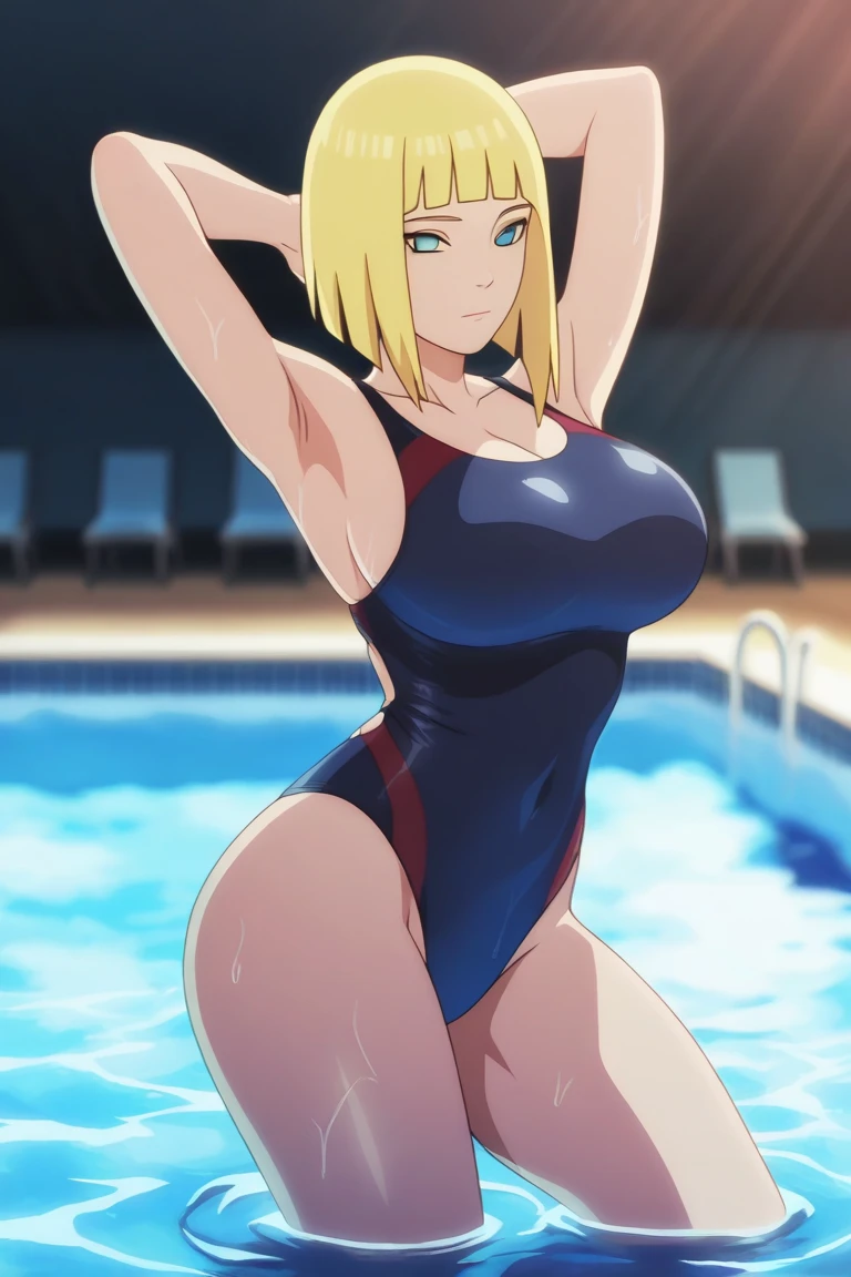 1girl, breasts, solo, blonde_hair, swimsuit, bad_face, brown_eyes, hairclip, one-piece_swimsuit, hair_ornament, navel, cleavage, highleg, lips, twintails, highleg_swimsuit, large_breasts, thighs, shiny, navel_cutout, pigtails, shiny_skin, _shoulders, huge_breasts, parted_lips, , clothing_cutout, gradient_background, gradient, collarbone, cowboy_shot, standing, blue_one-piece_swimsuit, thick_thighs