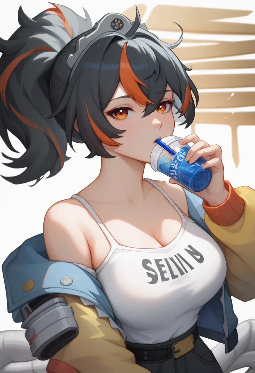 Anime girl with a backpack and a mobile phone in her hands, Anime girl drinking energy drink, Fleet Collection Style, From Girl Front, Holding a beer!!, Makoto shinka, Attractive anime girl, Makoto, have a drink, Actress 👀 :8, (SFW) Work, Thickness, Anime cute art style, soda themed girl