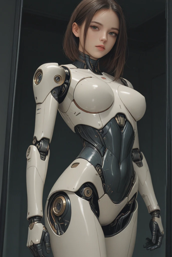 {{best quality, 1080P, Masterpiece, Ultra high resolution, photorealistic, ultra realism, Realistic skin texture, Extreme skin detail, dslr, Detailed eyes,  Facing the camera, very beautiful face, Concise  structure, Pale skin, Realistic skin texture, Extreme skin detail, oc render reflection textures, Realistic light and shadow, Single picture, alone, gray hair, The body is slim and balanced., Age 20, Height 170,  girl, , , A girl with the body of a mechanical robot.,  futuristic black glass mech armor suit, The mechanical  is attached to the neck., The robot circuit is stuck in the middle of the back., flat stomach, perfect robot arm, perfect robot legs, full body view, Whole body photo.}}