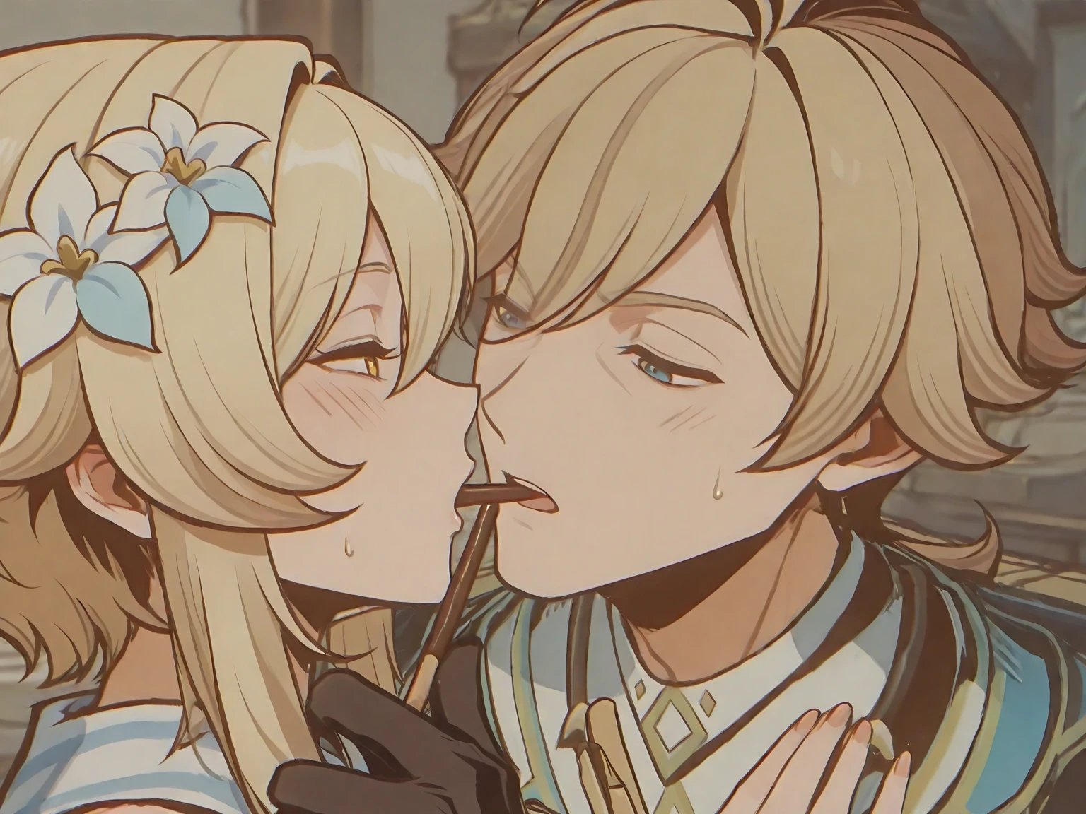 score_9, score_8_up, score_7_up, score_6_up, source_cartoon, source_anime, fdom_awall, hetero, 1boy and 1girl, detailed background, medieval, aether from genshin, lumine from genshin, , rating_, passionate kiss, breast press,  , large , lhand_crotch, , rhand_wall, , black lace , , ,  drip