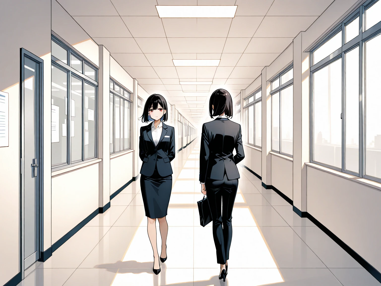 full body, delicate  features, big , medium hair, black hair, tearful mole, earring, grey suit, , office lady, suit, pants, , office room, desk, stick out one's , 