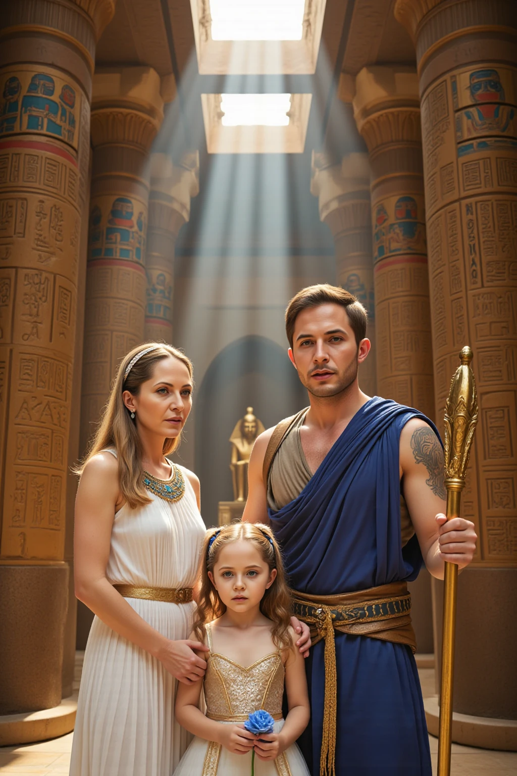 A couple of men and women in 3rd century Roman clothing entering a time machine, a machine similar to the TARDS, but the doors are made of blue wood and the rest is golden yellow with English hieroglyphs. com tons alaranjados. Imagem em perspectiva.