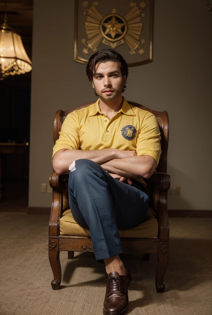 Create a 3D illusion for a profile picture where a cute 25 year old boy in a yellow jacket is sitting comfortably on a King of Beasts throne chair. With a rifle in his hand. And a ferocious lion beside me. Wearing sneakers, he looks ahead. ” Ruvran ” is written in large, orange neon light font on the dark brown wall in the background. He has no shadow and also has wings to make it look like he is an angel.