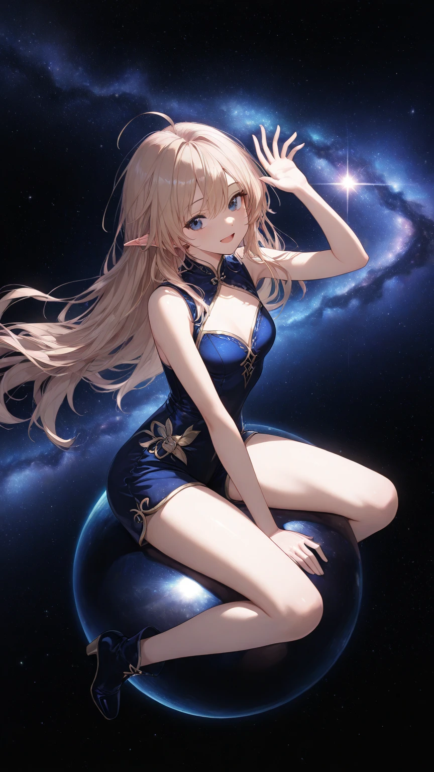 Yellow hair, white dress, blue eyes, star pupils, blue bow tie, crystal shoes, beret (with blue bow on top), sitting on the moon, starry sky background, shooting star, 4K