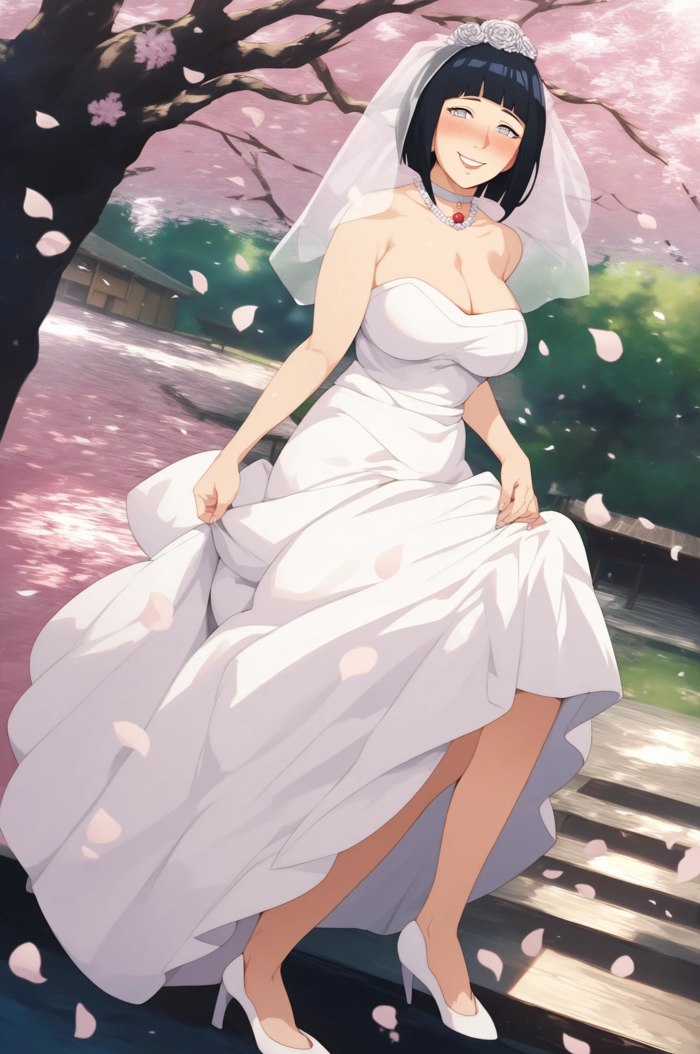 masterpiece, mommy, best quality, highres, aarurutie,1girl, wedding dress, white dress,tiara, bridal veil, necklace, cleavage, strapless dress, white dress, white gloves, elbow gloves standing, garden, smile, open mouth,  short dark green hair, curly hair, green eyes,