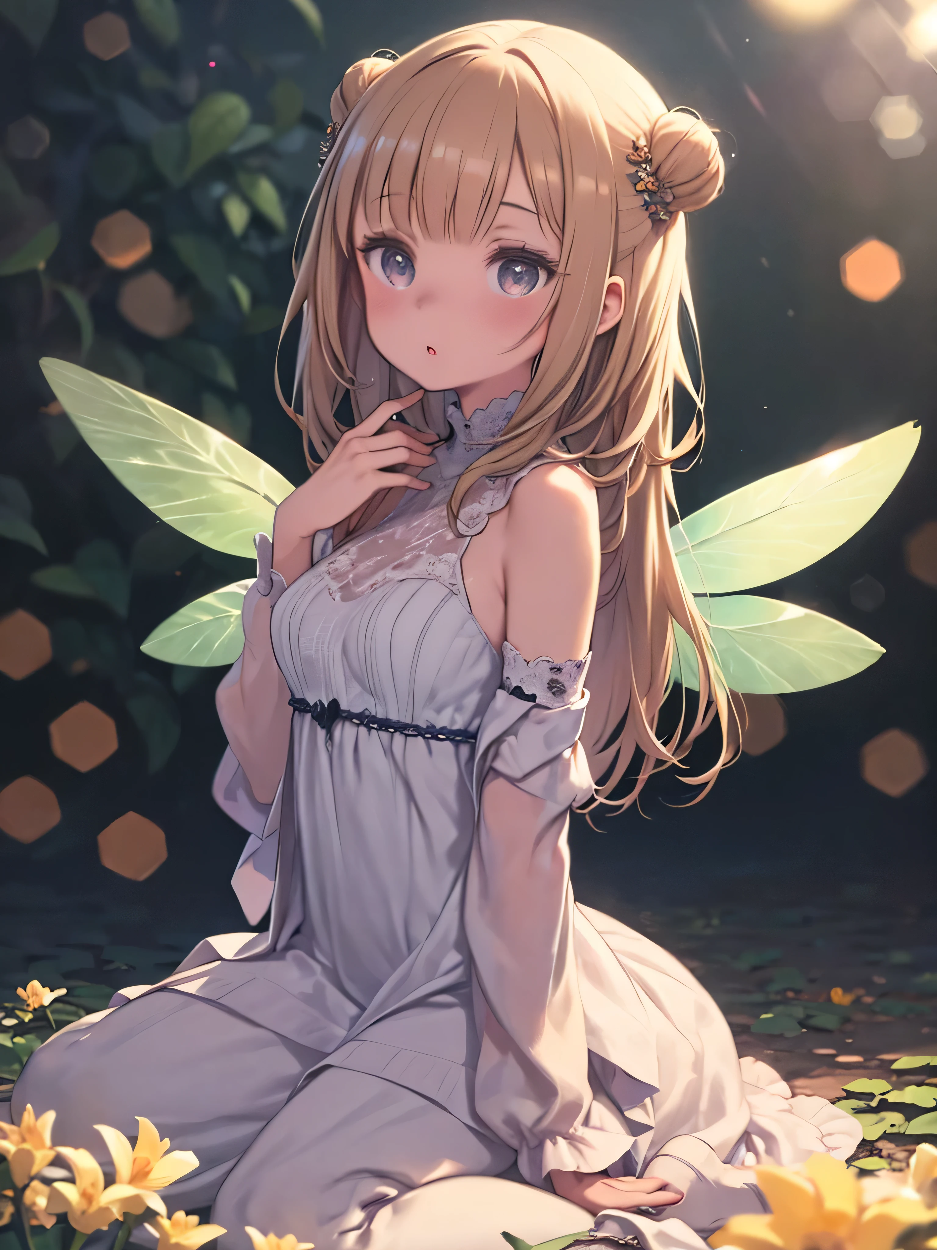 Showing the whole body, Yellow hair, Cute, Baby face, Big breasts, Sleeping, In the forest, White dress, Long hair, Sleeping, 1 person, Small, Fairy wings