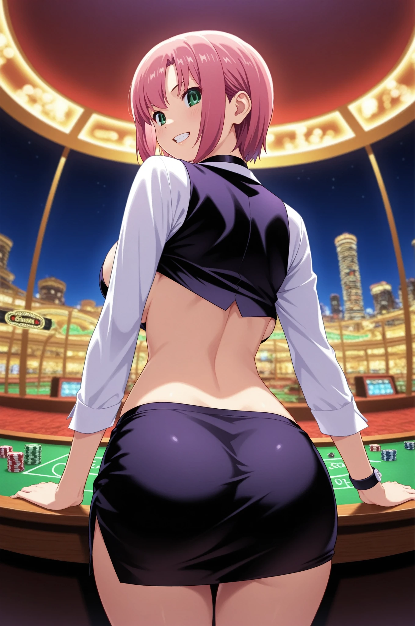 1 girl, alone, lady nagant, (masterpiece, best quality, ultra detailed, beautiful illustration), atmospheric perspective, depth of field, dynamic pose, curvy body, looking at viewer, (beautiful detailed eyes), detailed eyes, ( cowboy shot), sexy body, (indoor, night), 1 girl, neutral expression, mature woman, (huge breasts, medium waist, wide hips, medium thighs, round butt), Nagant, purple hair, purple eyes, multicolored hair , short hair, highlighted hair, pink hair, medium hair, bicolor hair,((dark purple Playboy bunny outfit:1.4)), ((black headband:1.3)),((black bunny ears:1.2)), sleeveless, ((wristbands)),  back, (hands on waist: 1.2)), slight blush, (standing_), (black pantyhose: 1.2), thighs, bright pupils, white pupils, bangs, looking back ,, ((focus on butt:1.4)),pov(from below),(inside a casino:1.5, leaning on a pool table:1.5, casino view:1.5, casino lights:1.5 ), perfect hands, perfect 
