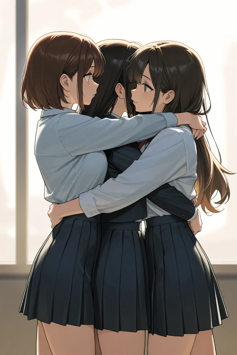 3girls, (pair hug:1.2), facing left, standing on the right, looking at ...