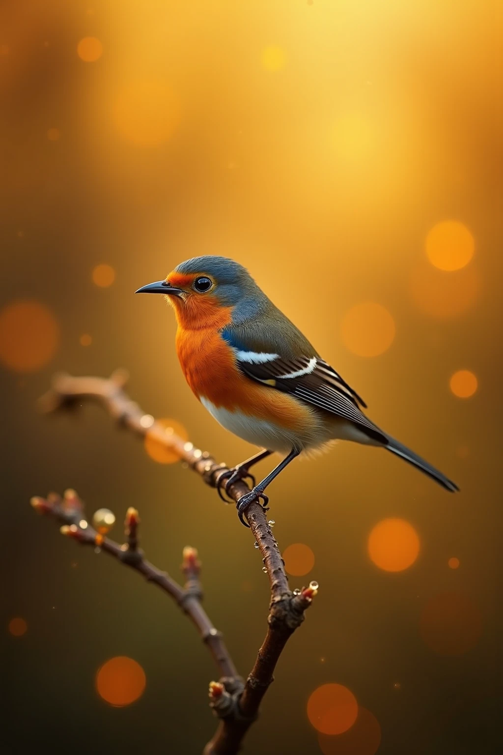 A charming close-up photo，shows a beautiful bird，illuminated by soft golden light on a quiet morning，with a bokeh ball gently framing its petite body