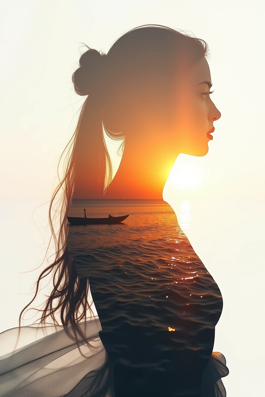High quality，8K Ultra HD，美丽的Doubleexposure，combines the silhouette of the goddess with the sunset coast，The sunset coast should be used as the bottom background，details are incorporated into the goddess's silhouette，Clear lines，The background is monochromatic，Sharp focus，Doubleexposure，by Yukisakura，extremely wonderful full color