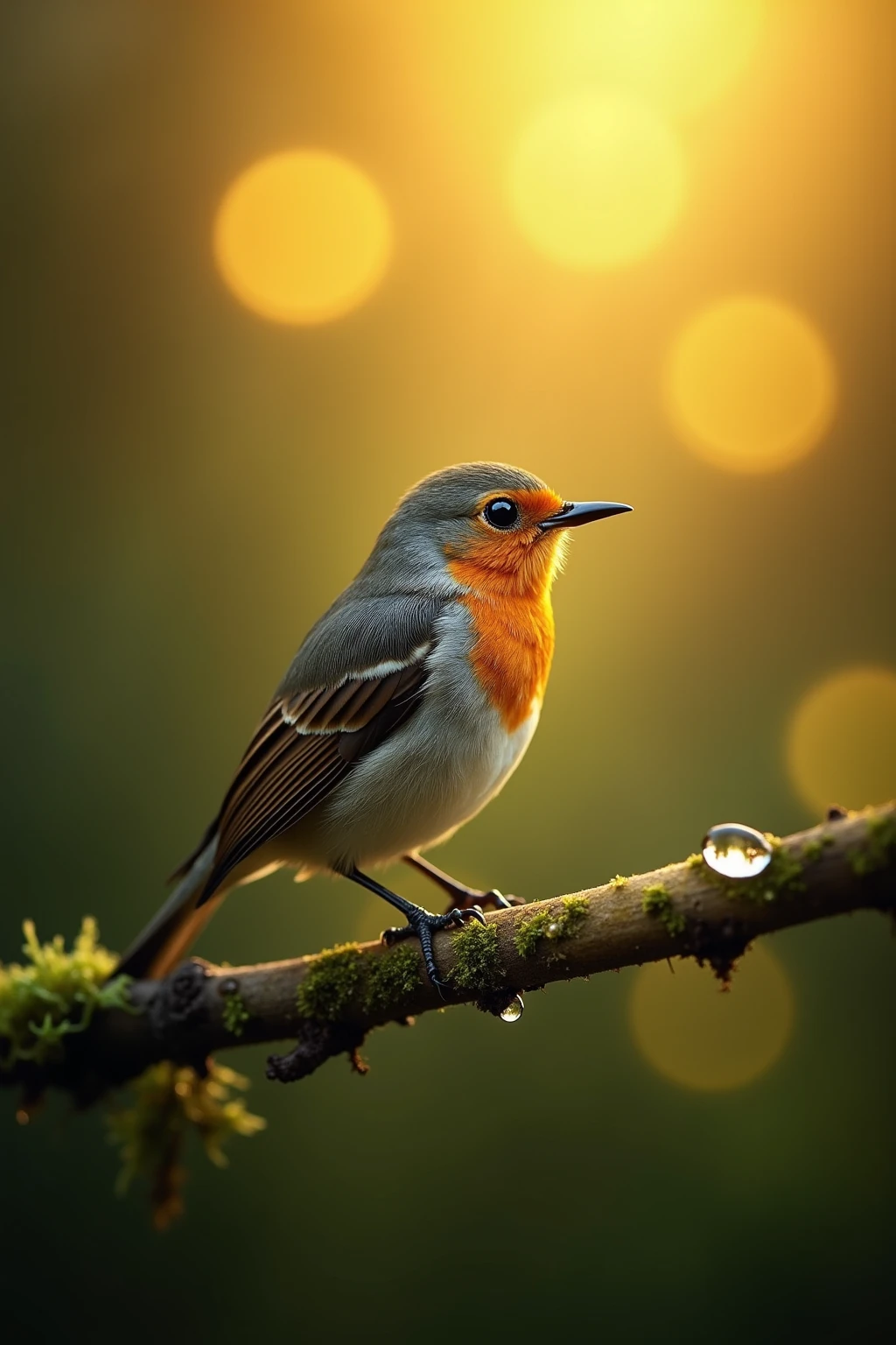 A charming close-up photo，shows a beautiful bird，illuminated by soft golden light on a quiet morning，with a bokeh ball gently framing its petite body